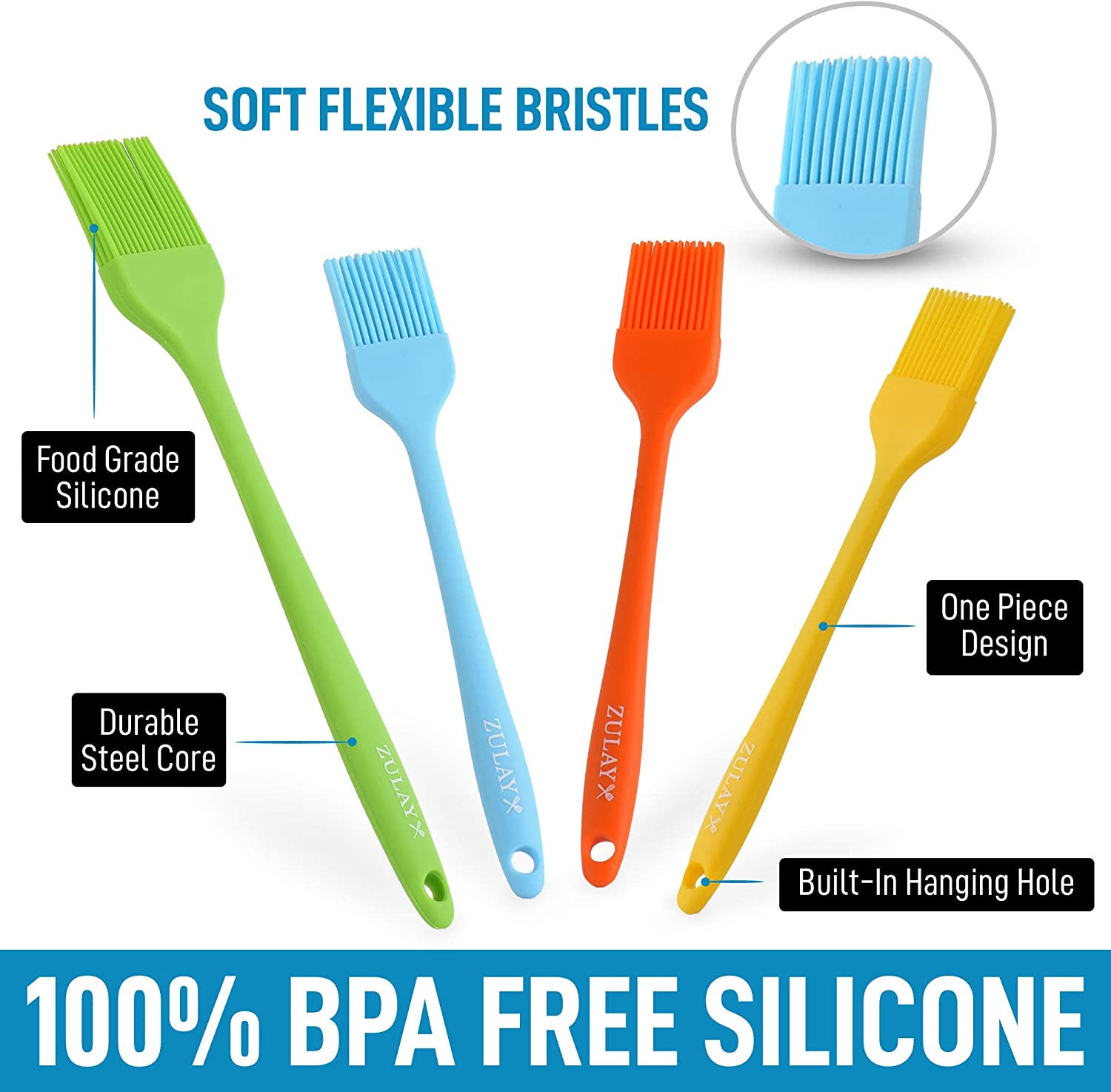 (Set of 4) Heat Resistant Silicone Basting Brush With Soft Flexible Bristles - Perfect for Grilling, Baking, and BBQ Sauce Application