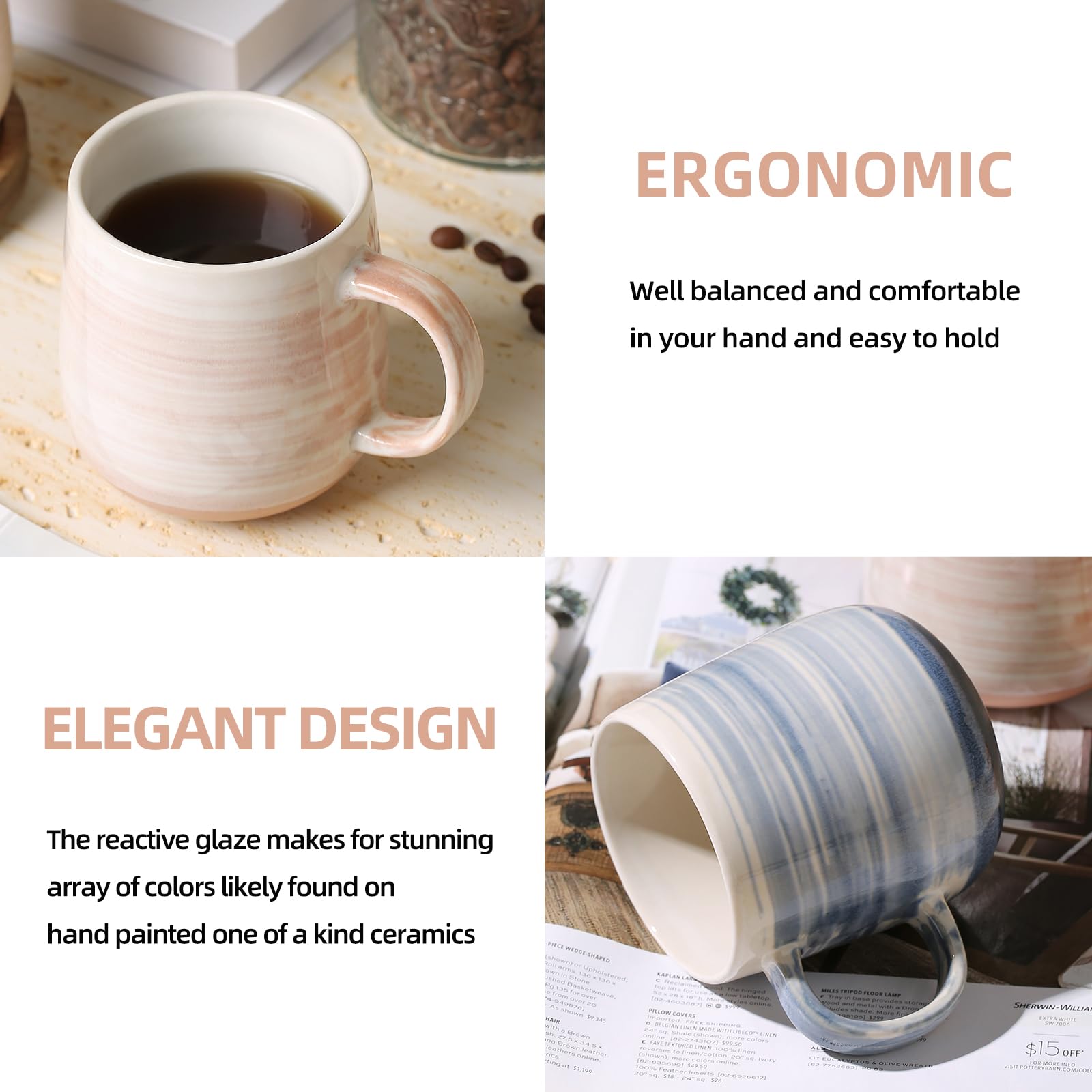 4-Pack 12oz Ceramic Coffee Mugs with Large Handles - Perfect for Coffee, Tea & Cocoa at Home