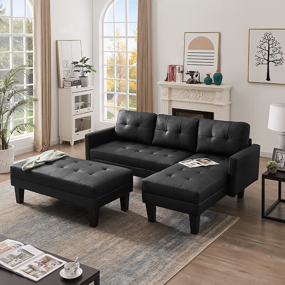 Faux Leather Sectional Sofa Bed - L-Shaped Convertible Chaise Lounge with Ottoman Bench for Living Room, Guest Room & Small Spaces | Modern Comfortable Sleeper Sofa