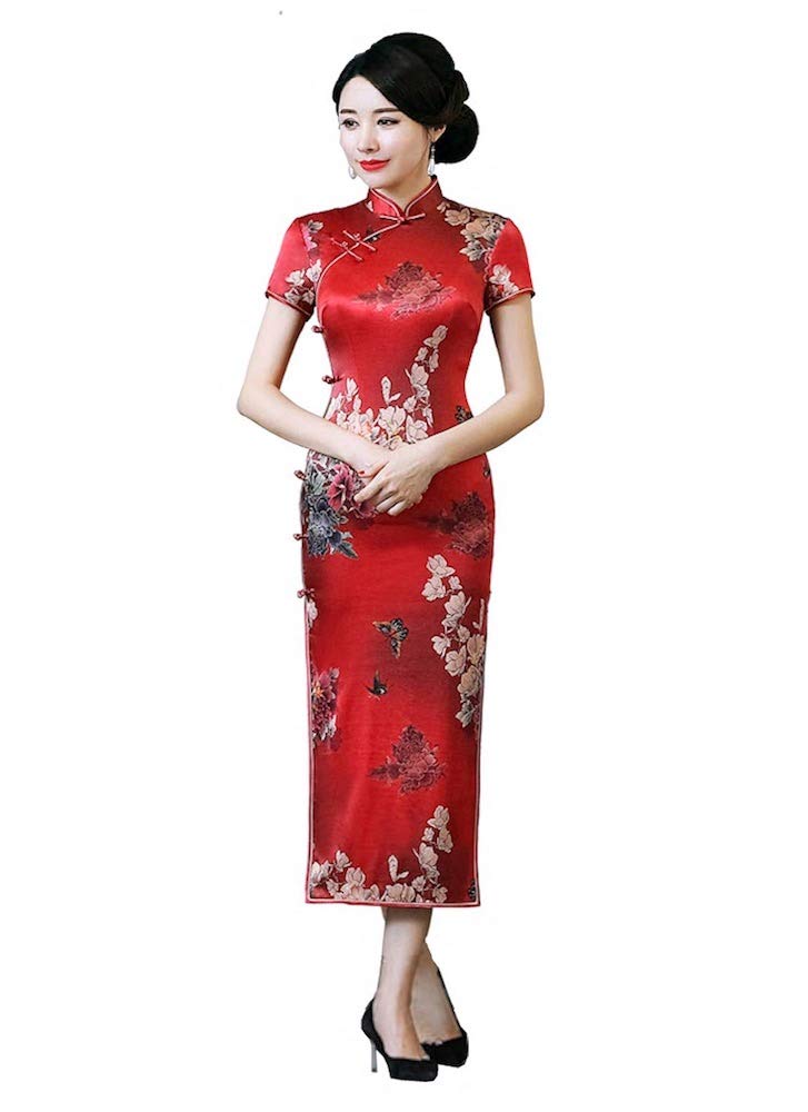 Elegant Women's Silk Cheongsam Dress with Chinese Floral Print - Traditional Qipao for Special Occasions, Parties, and Cultural Events
