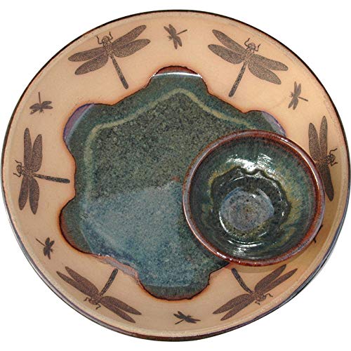 Handmade Ceramic Dragonfly Chip and Dip Serving Platter with Bowl - Seamist Glaze Traditional Stoneware - Elegant Appetizer & Snack Dish for Parties, Entertaining & Home Decor