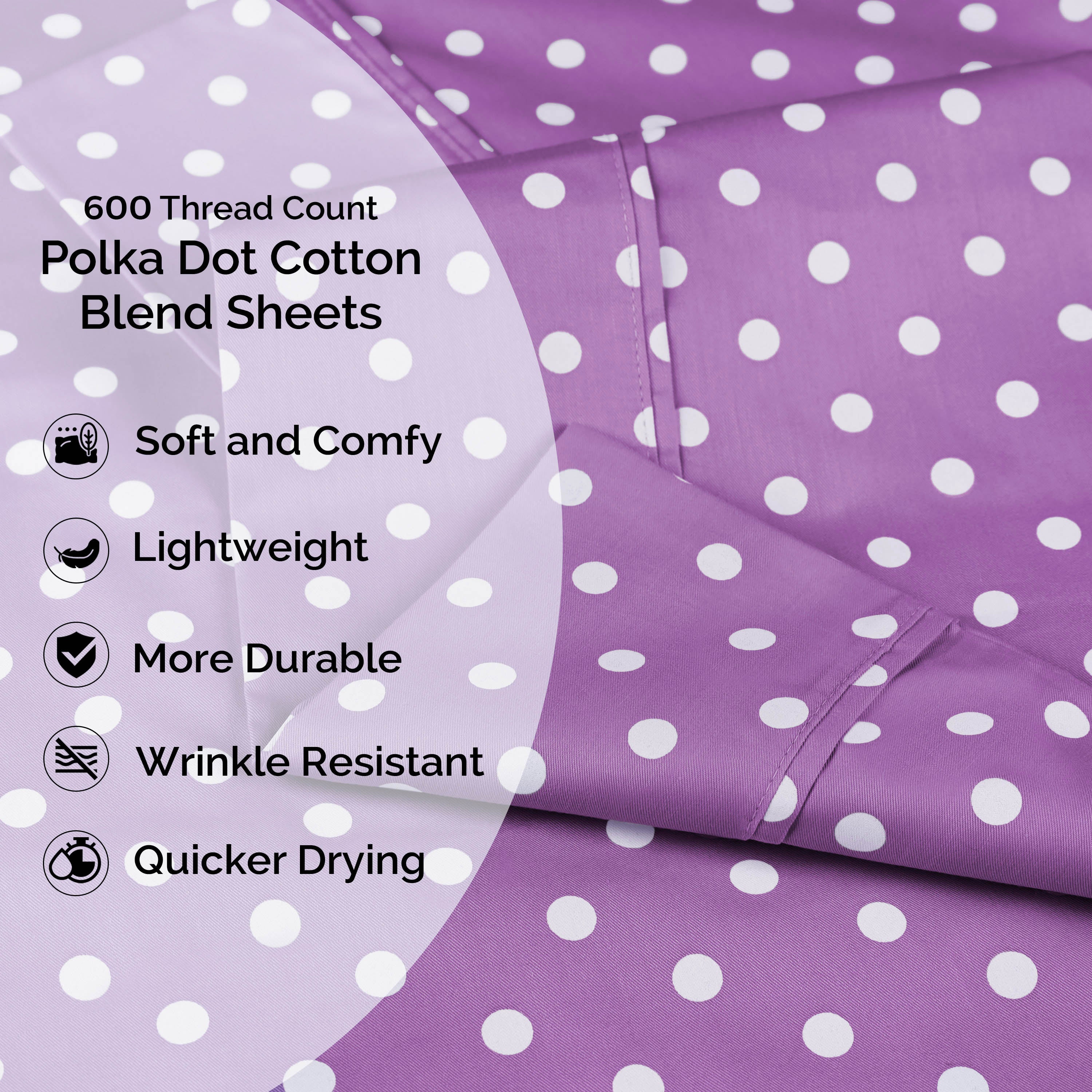 Polka Dot 600 Thread Count Cotton Blend Deep Pocket Sheet Set - Queen Size Bed Sheets for Comfortable Sleep - Perfect for Master Bedroom, Guest Room & Dorm