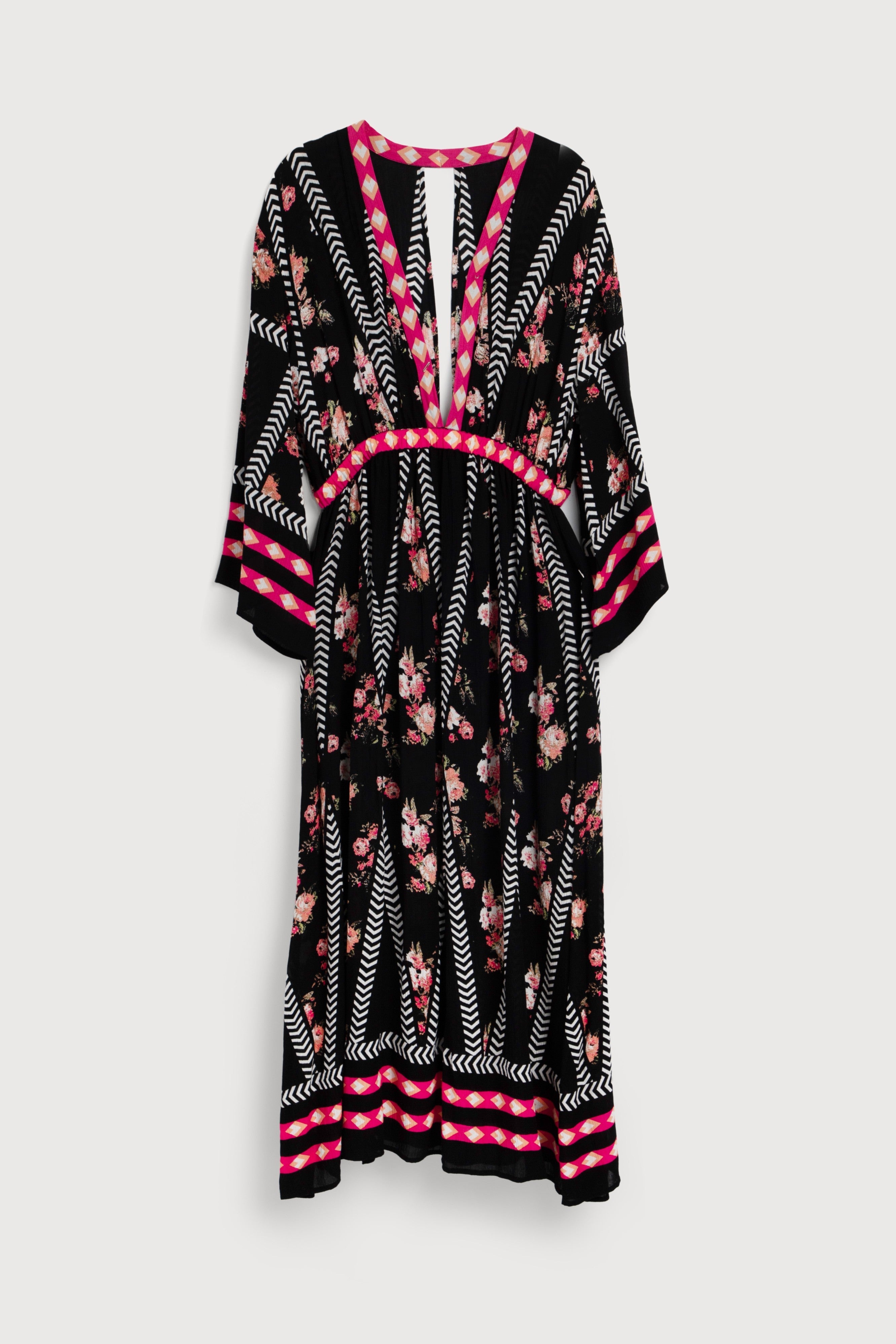 Aztec Floral Keyhole Kaftan Dress - Boho Chic Maxi Dress for Women - Perfect for Beach, Vacation & Summer Outfits