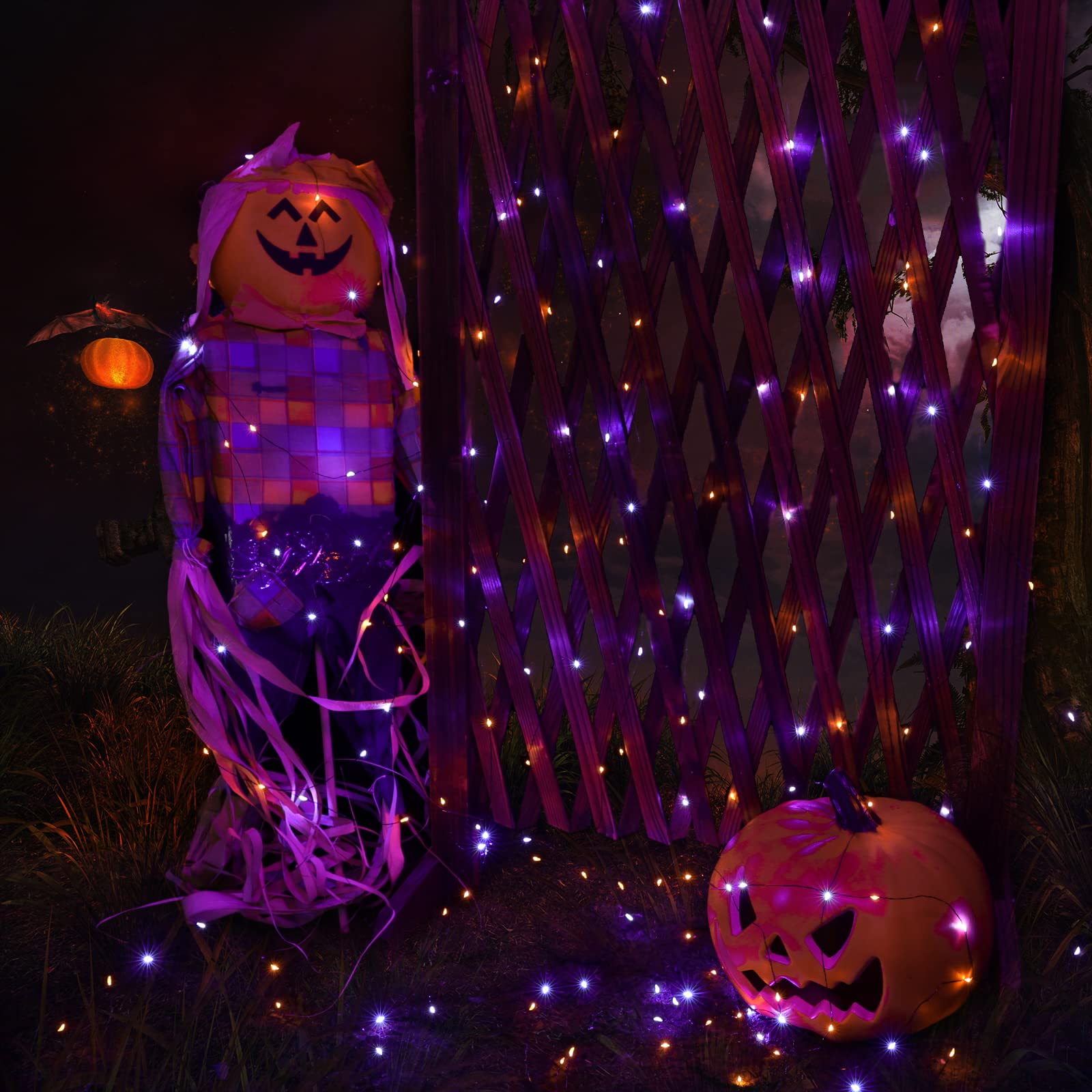 Joomer 2-Pack 100ft Solar String Lights - 300 LED Orange & Purple Halloween Fairy Lights with 8 Modes, Waterproof & Black Wire - Perfect for Halloween Decorations, Garden, Patio, and Outdoor Party Lighting