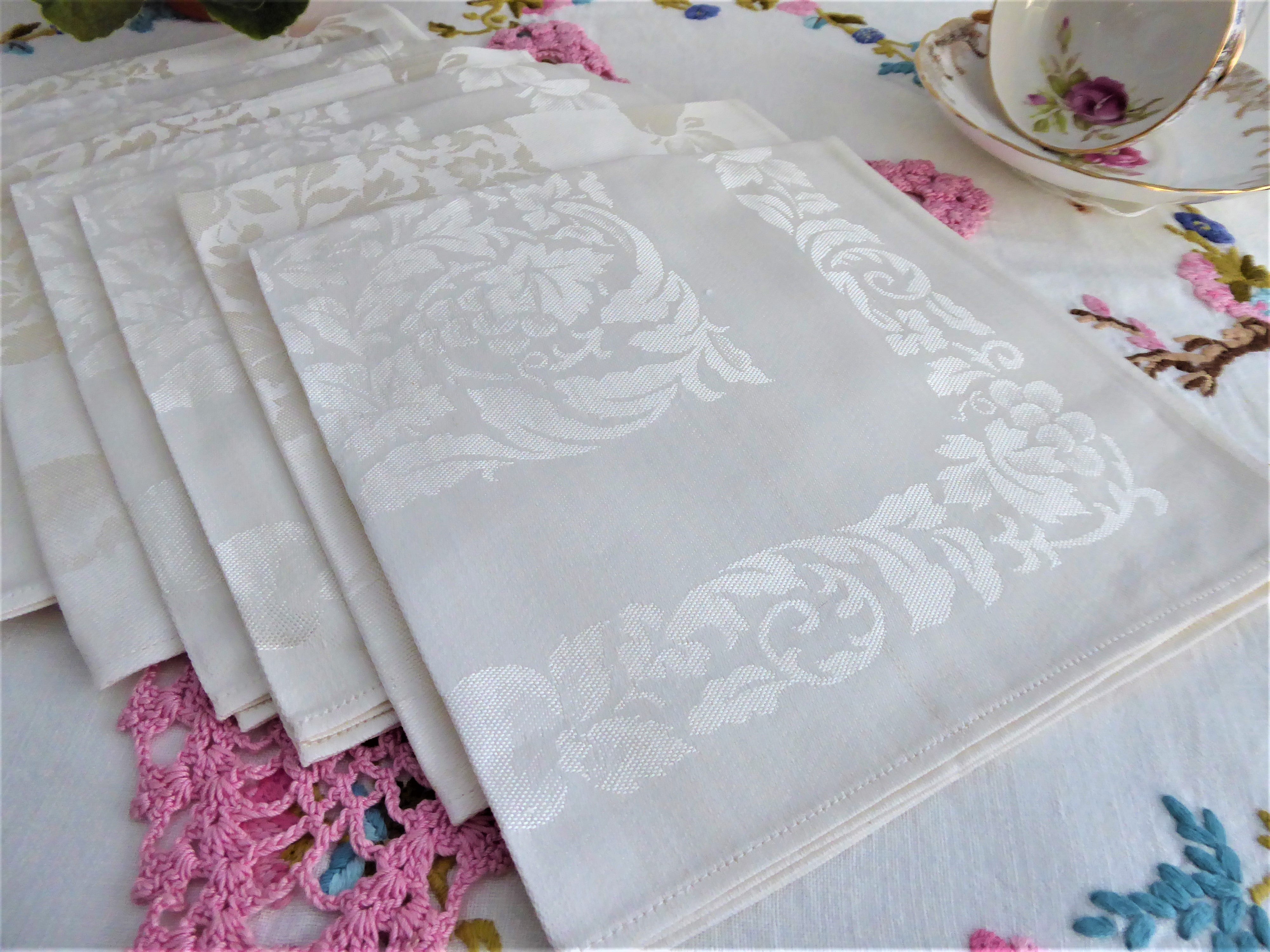 Vintage Occupied Japan White Damask Napkins Set of 8 - 100% Cotton Grape Embroidery (1945-1952) - Perfect for Luncheons, Tea Parties & Elegant Dining
