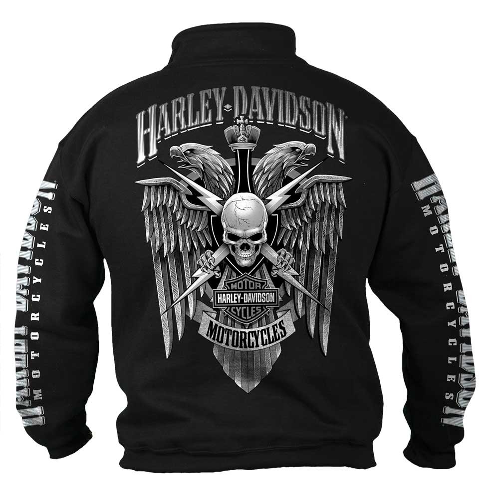 Harley-Davidson Men's Lightning Crest 1/4 Zip Pullover Sweatshirt - Black | Casual Motorcycle Riding & Outdoor Wear for Men