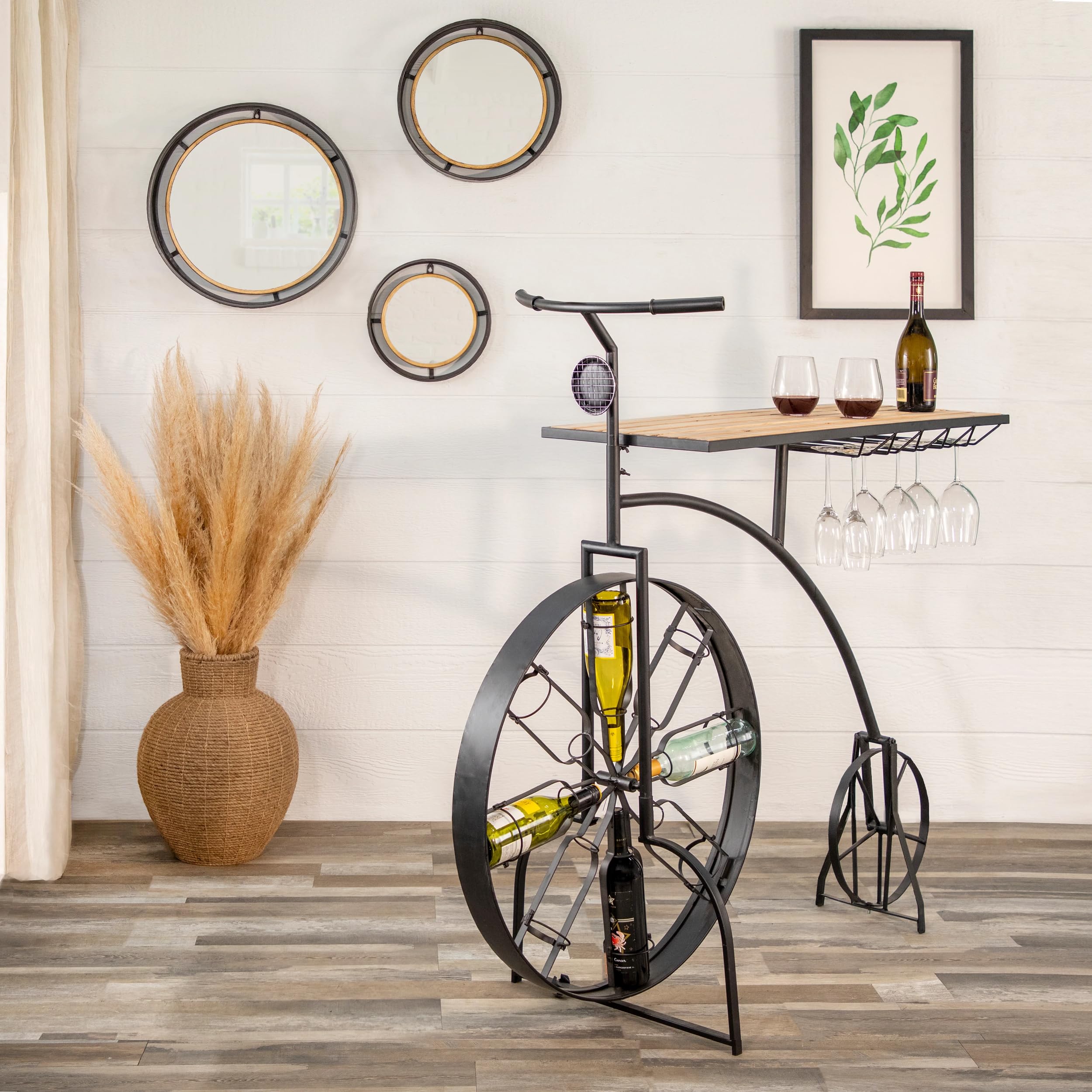 Sagebrook Home Black Metal & Wood Bike Wine Rack - Wall Mounted Wine Bottle Holder for Kitchen, Bar, Dining Room & Home Decor