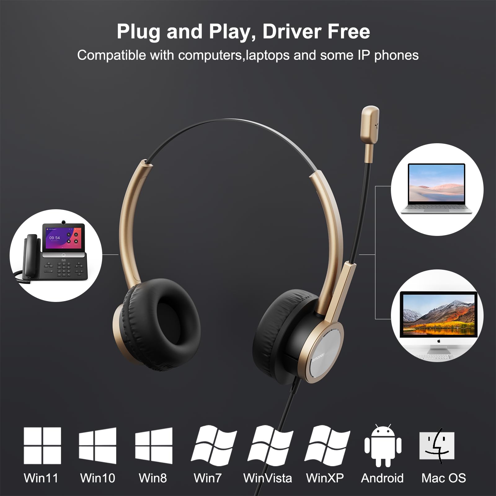 EMAIKER Gold USB Headset with Noise Cancelling Microphone - Wired USB-A Computer Headphones with Mic & Volume Control for Laptop/PC - Perfect for Skype, Teams, Zoom Calls, Webinars & Online Meetings (Ideal for Remote Work, Customer Service & Virtual Classrooms)