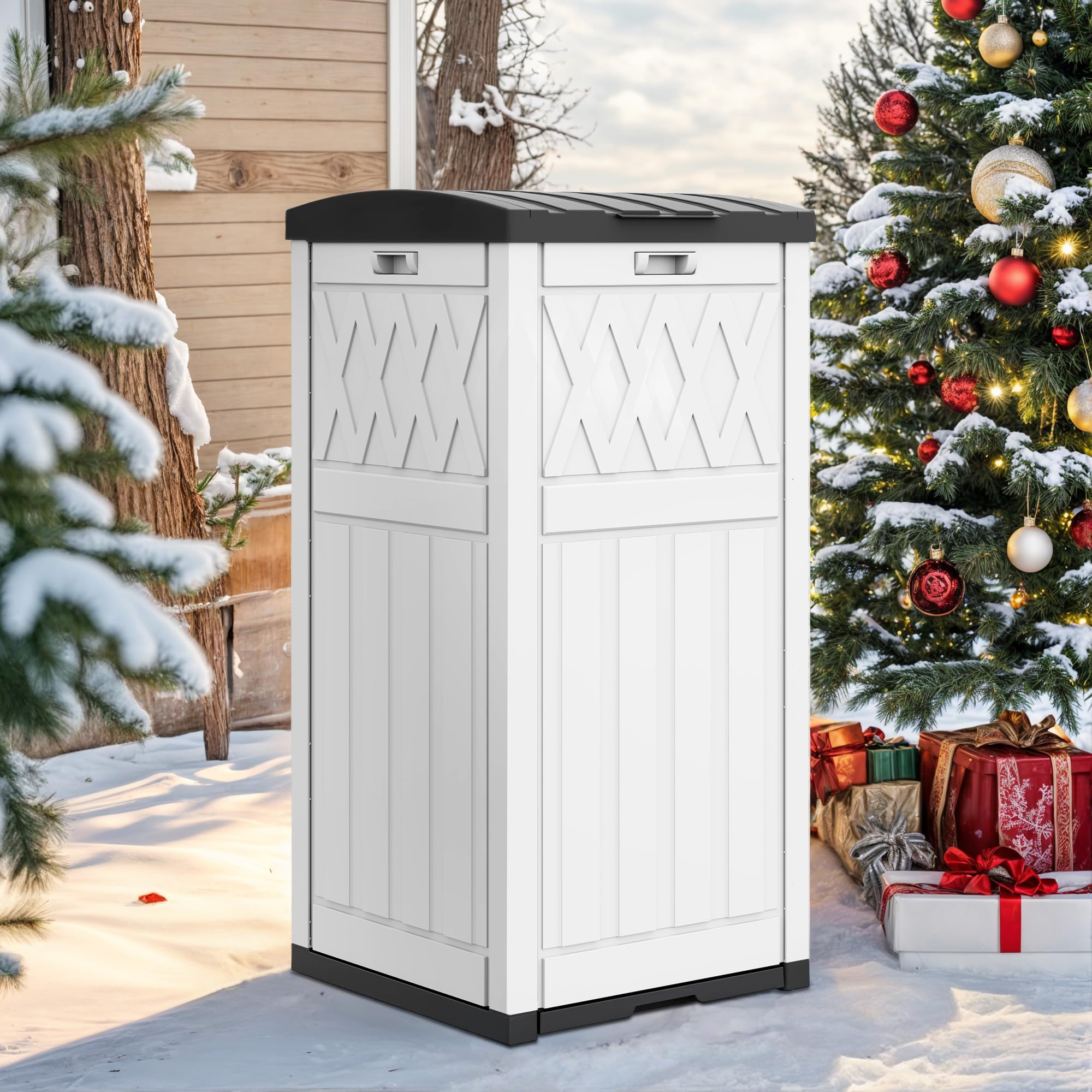 DWVO 38 Gallon Outdoor Trash Can with Tiered Lid & Drip Tray - Waterproof Resin Garbage Bin for Patio, Kitchen, Backyard - Heavy Duty Grayish-White Trash Container for Home, Garden & Commercial Use