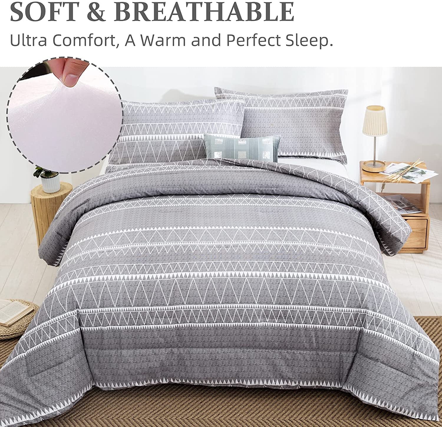 WONGS BEDDING Grey California King Comforter Set - Soft Reversible Microfiber Boho Down Alternative Bedding (3 Piece: Comforter + 2 Pillow Shams) 104