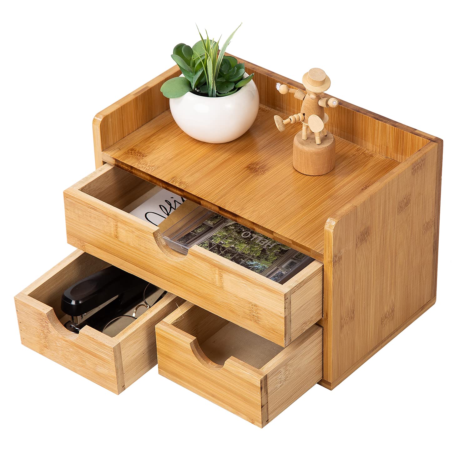 Rustic Distressed White 3-Tier Bamboo Desk Organizer with 3 Drawers - Mini Desk Storage Shelf for Office, Vanity & Bathroom - Perfect for Organizing Stationery, Makeup & Toiletries
