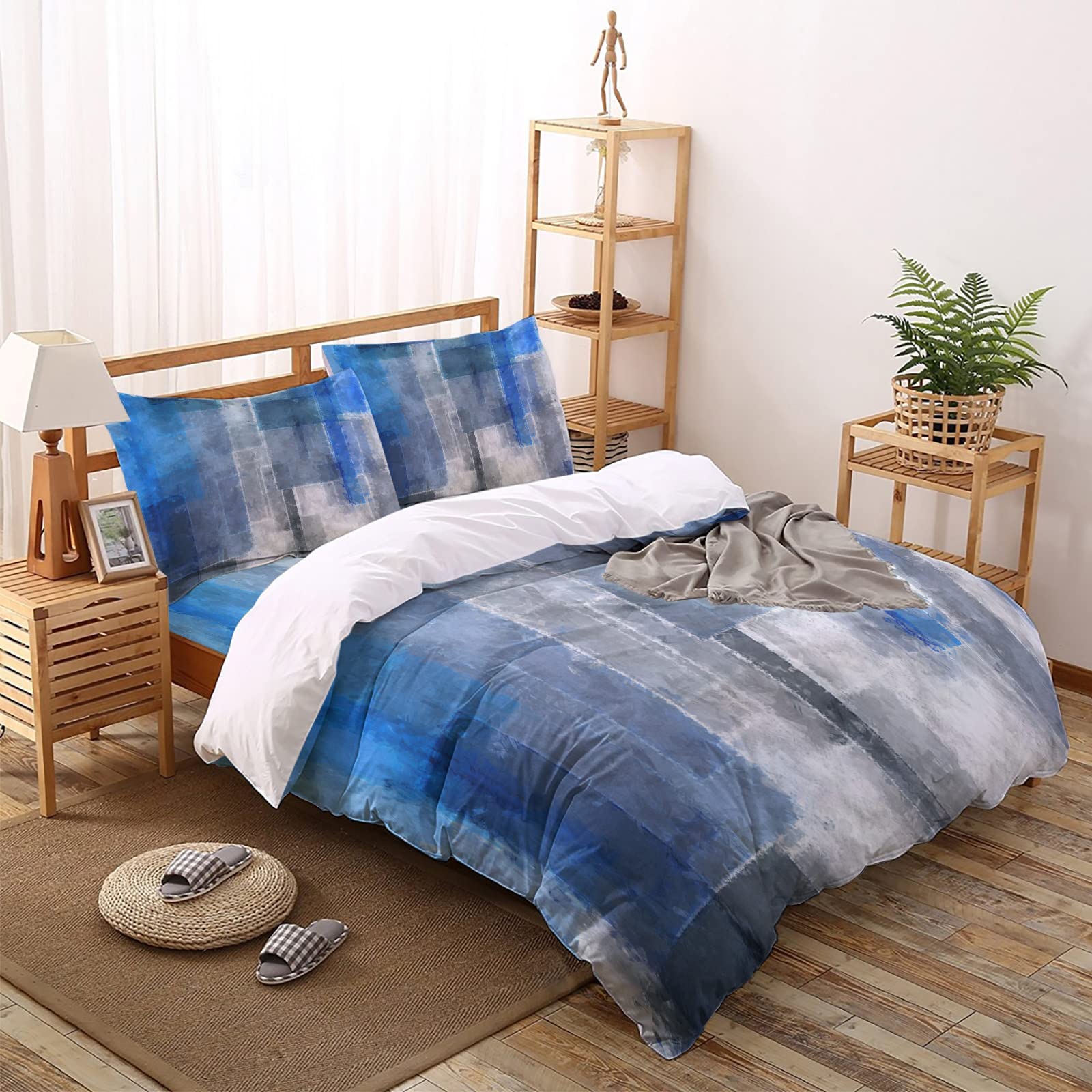 Luxury 4-Piece King Size Duvet Cover Set - Ultra Soft Microfiber Bedding with Abstract Oil Painting Geometric Design in Blue & White - Perfect for Kids & Adults Bedrooms, Guest Rooms & Dorm Decor