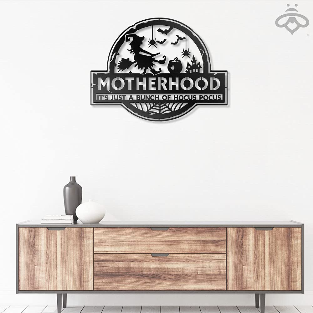 Witch Motherhood Just a Bunch of Hocus Pocus Metal Wall Art - LED Backlit Halloween Decor for Living Room, Outdoor & Home - Scary Black Metal Sign (16x16 inches, No Lights Included) - Perfect for Halloween Parties, Haunted House Decor & Gothic Home Decorations