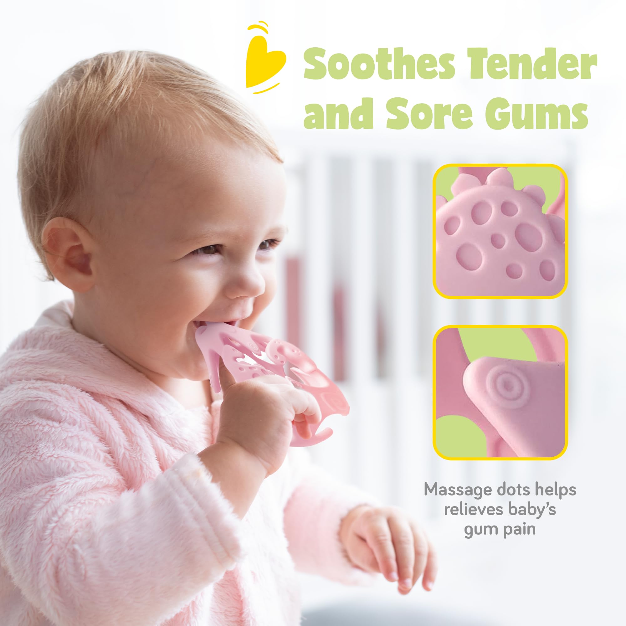 Dinosaur Baby Teething Toys - BPA-Free Silicone Sensory Toys for Infants 0-18 Months | Soft, Lightweight & Easy to Clean | Textured Chew Toy for Soothing Sore Gums | Perfect for Home, Daycare & Travel (Peach Pink)