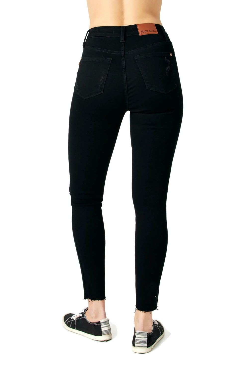 Judy Blue Women's Black Distressed Raw Hem High Rise Ankle Skinny Jeans | Trendy Stretch Denim Pants for Casual Wear & Night Out