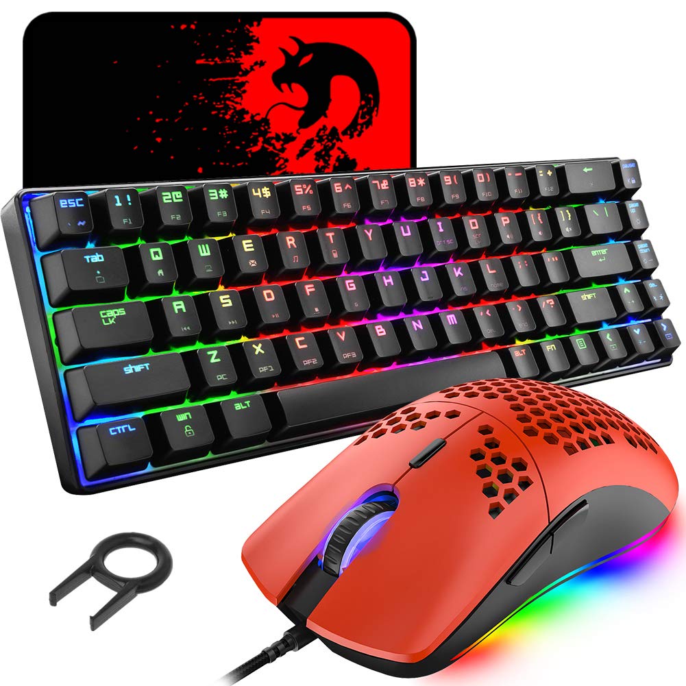 60% Compact Mechanical Gaming Keyboard with RGB Backlit 68 Keys & Honeycomb Lightweight Gaming Mouse 6400 DPI - USB C Wired Combo Set with Mouse Pad for PC, PS4, PS5, Xbox, Mac - Blue Switch - Perfect for Esports, Streaming & Office Work