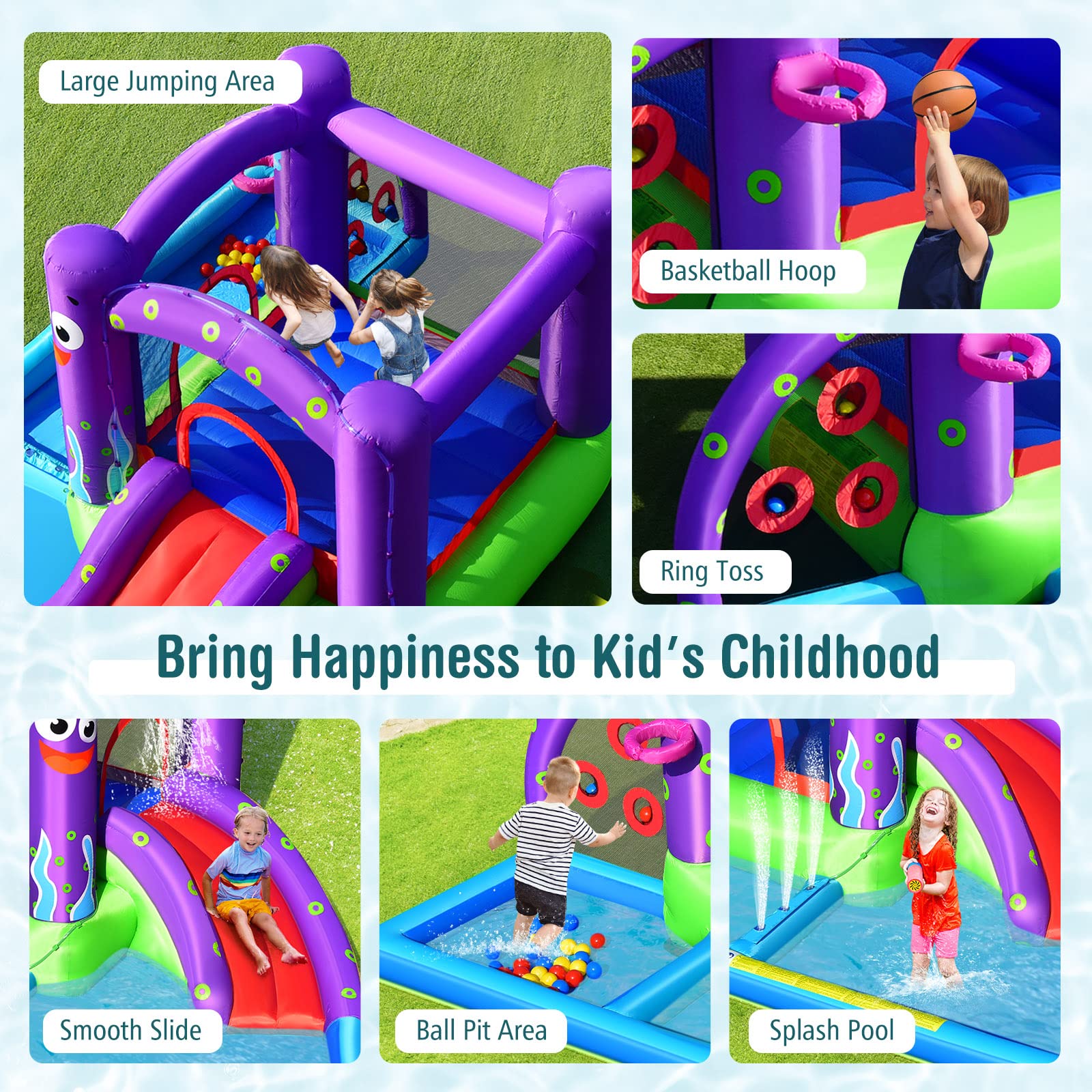 BOUNTECH Inflatable Water Slide with 3 Ball Pits & Splash Pool - 750W Blower Included - Outdoor Octopus Bounce House for Kids & Adults - Perfect for Backyard Parties, Summer Fun & Birthday Gifts