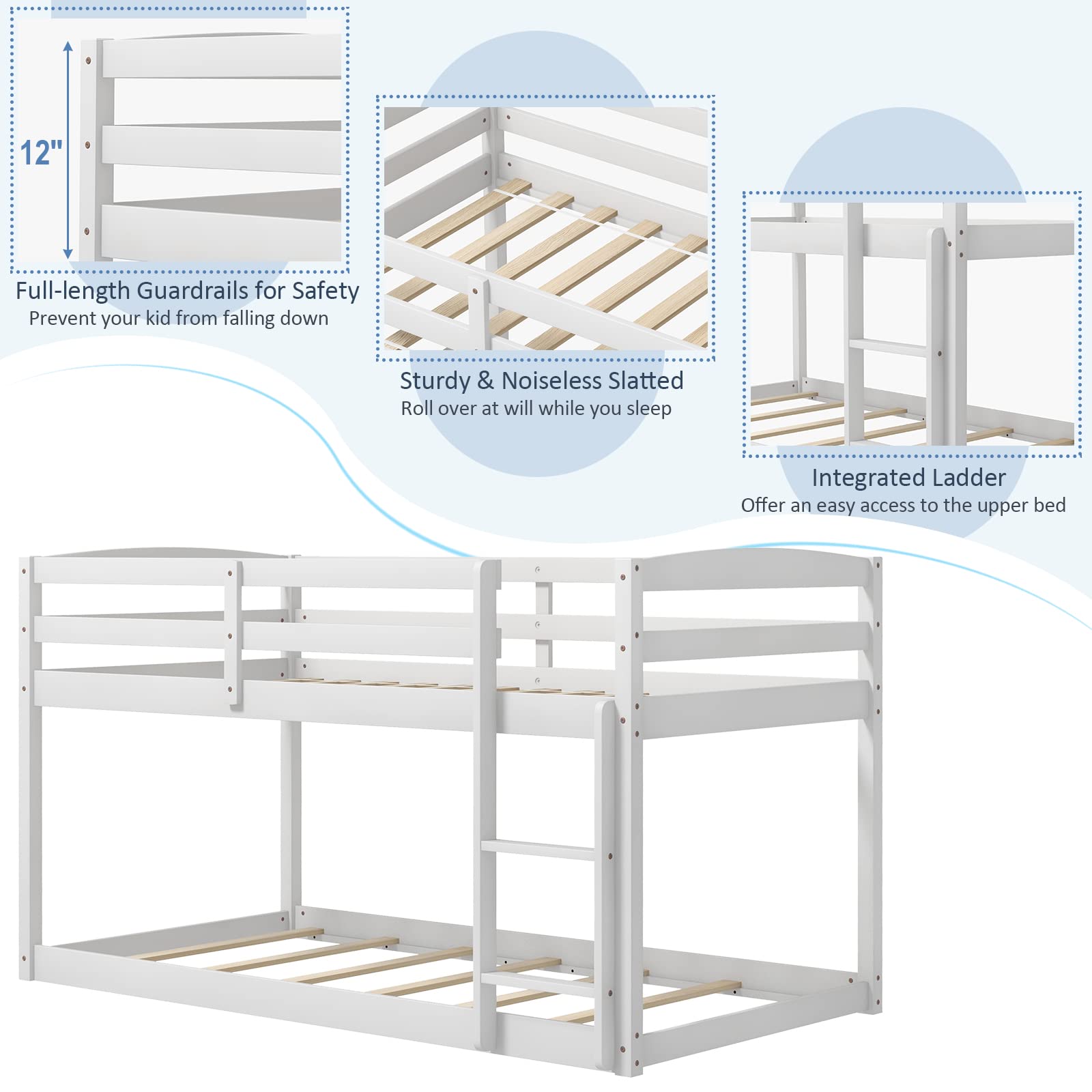 Giantex Twin Low Bunk Bed Frame - Solid Wood Twin Over Twin Bunk Bed with Full Guardrails & Built-in Ladder - Sturdy Kids Bunk Beds for Boys and Girls - No Box Spring Required - White - Perfect for Small Bedrooms, Kids' Rooms, Sleepovers & Space-Saving Solutions