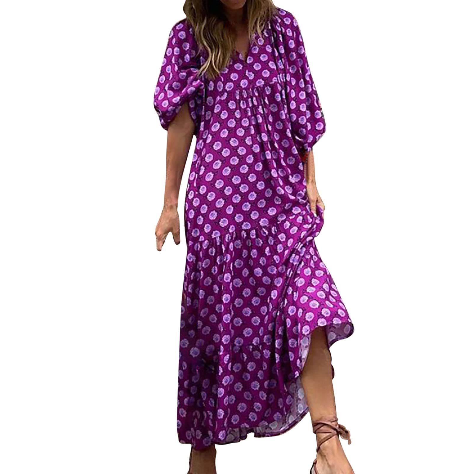 Boho Summer Dresses for Women - Casual Puff Sleeve V-Neck Ruffle Flowy Maxi Dress | Beach Vacation, Outdoor Date, Music Festival & Tropical Getaway Outfit