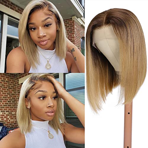 Nadula Ombre Golden Blonde Straight Bob Wig 13x4 Lace Front with Brown Roots - Brazilian Remy Hair Short Bob Lace Frontal Wig with Baby Hair (T427B, 12inch) | Perfect for Cosplay, Daily Wear & Special Occasions