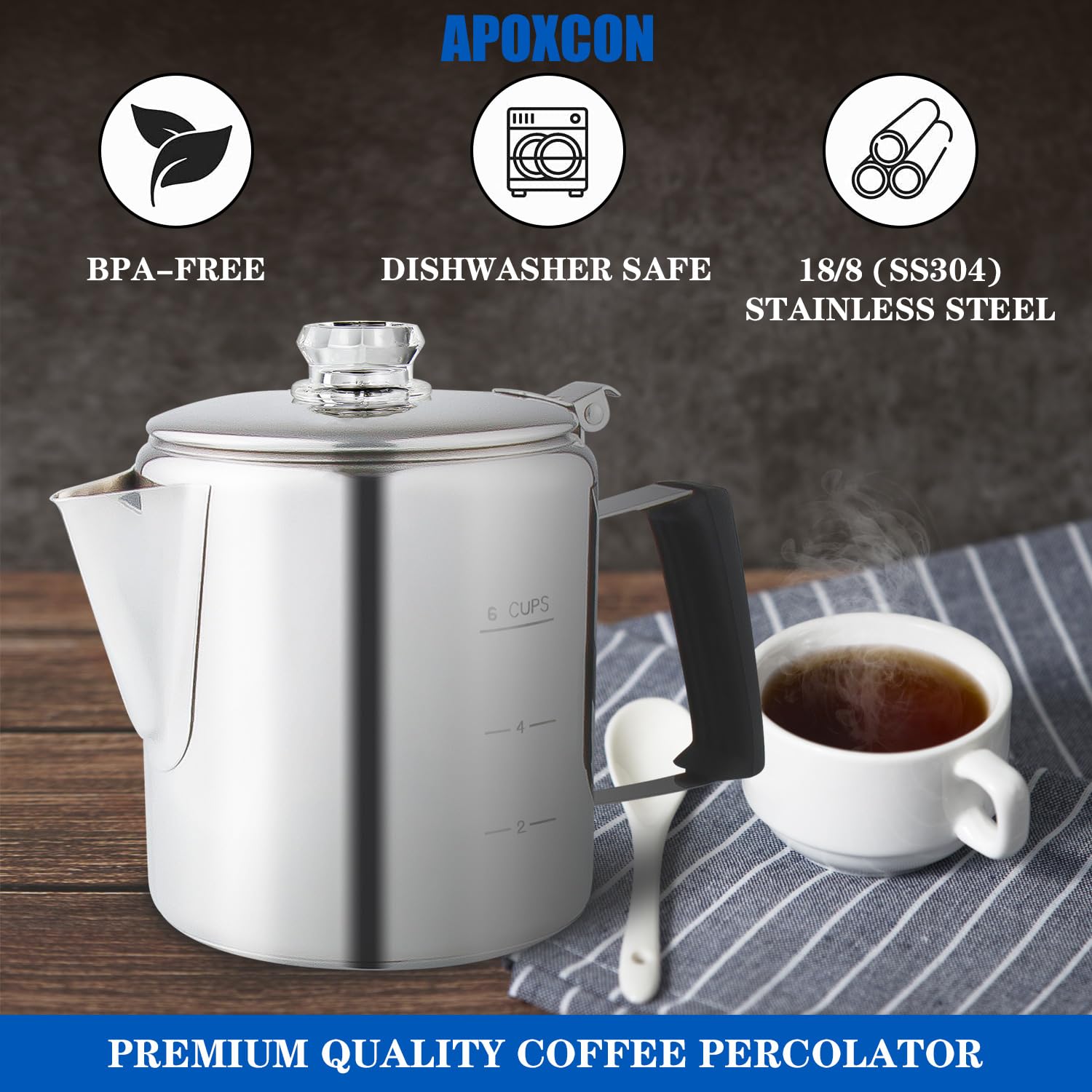 Premium Stainless Steel Stove Top Percolator Coffee Maker - 6 Cup Camping Coffee Pot with Borosilicate Glass Knob & Heat-Resistant Handle for Campfire, Induction Cooker & Home Use - Durable Multi-Use Coffee Brewer for Outdoor Adventures & Daily Brewing