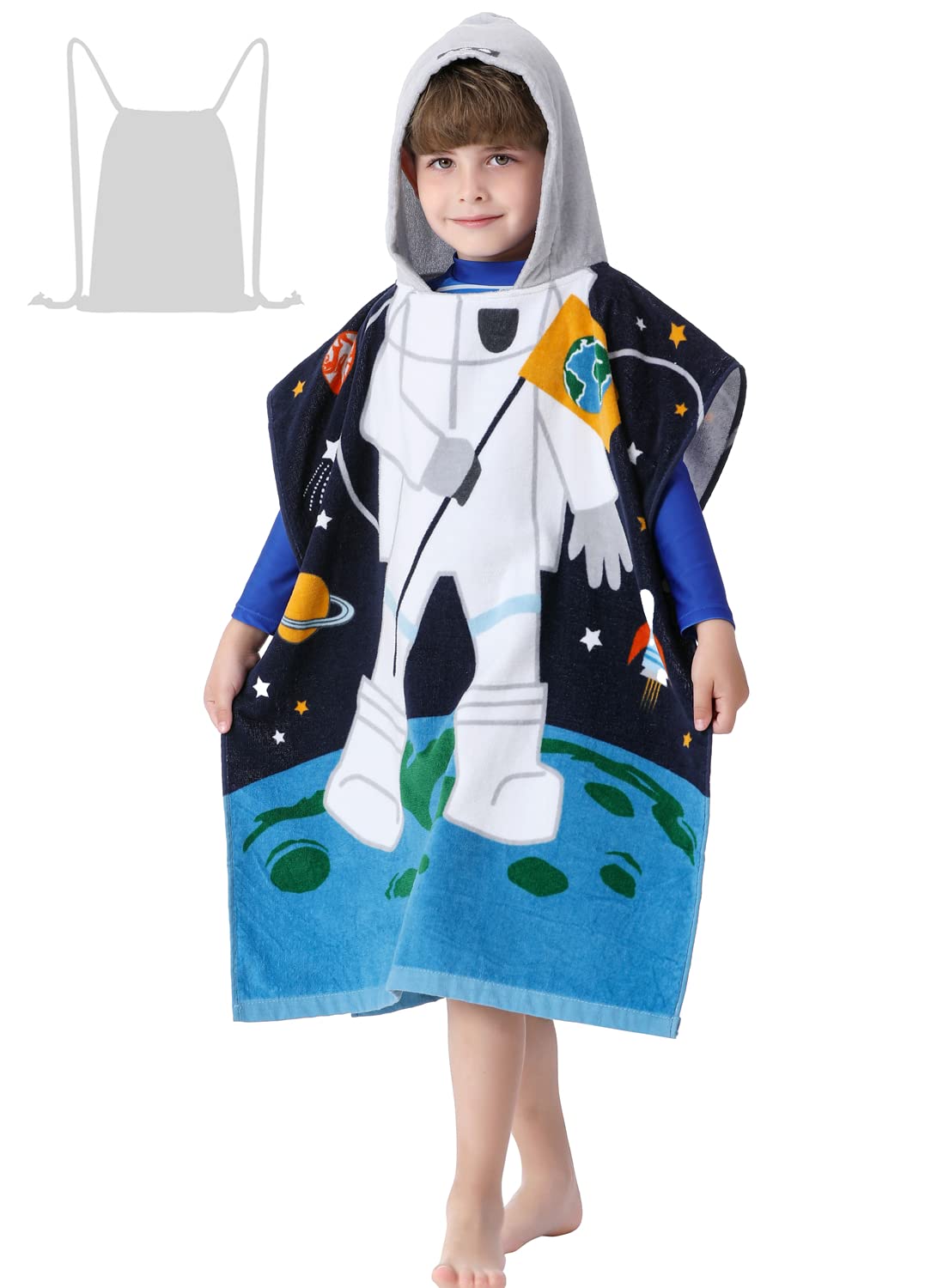 **Cotton Hooded Poncho Beach Towel for Toddlers & Kids Age 2-7 - Astronaut Themed Bathrobe with Drawstring Bag - Multi-Use for Pool, Swim, Shower & Beach - Perfect for Summer, Travel & Outdoor Activities**