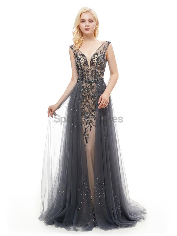 Elegant Grey V-Neck Open Back Beaded A-Line Evening Prom Dress for Women | Formal Party Gown | Perfect for Prom, Homecoming, Cocktail Parties & Special Occasions
