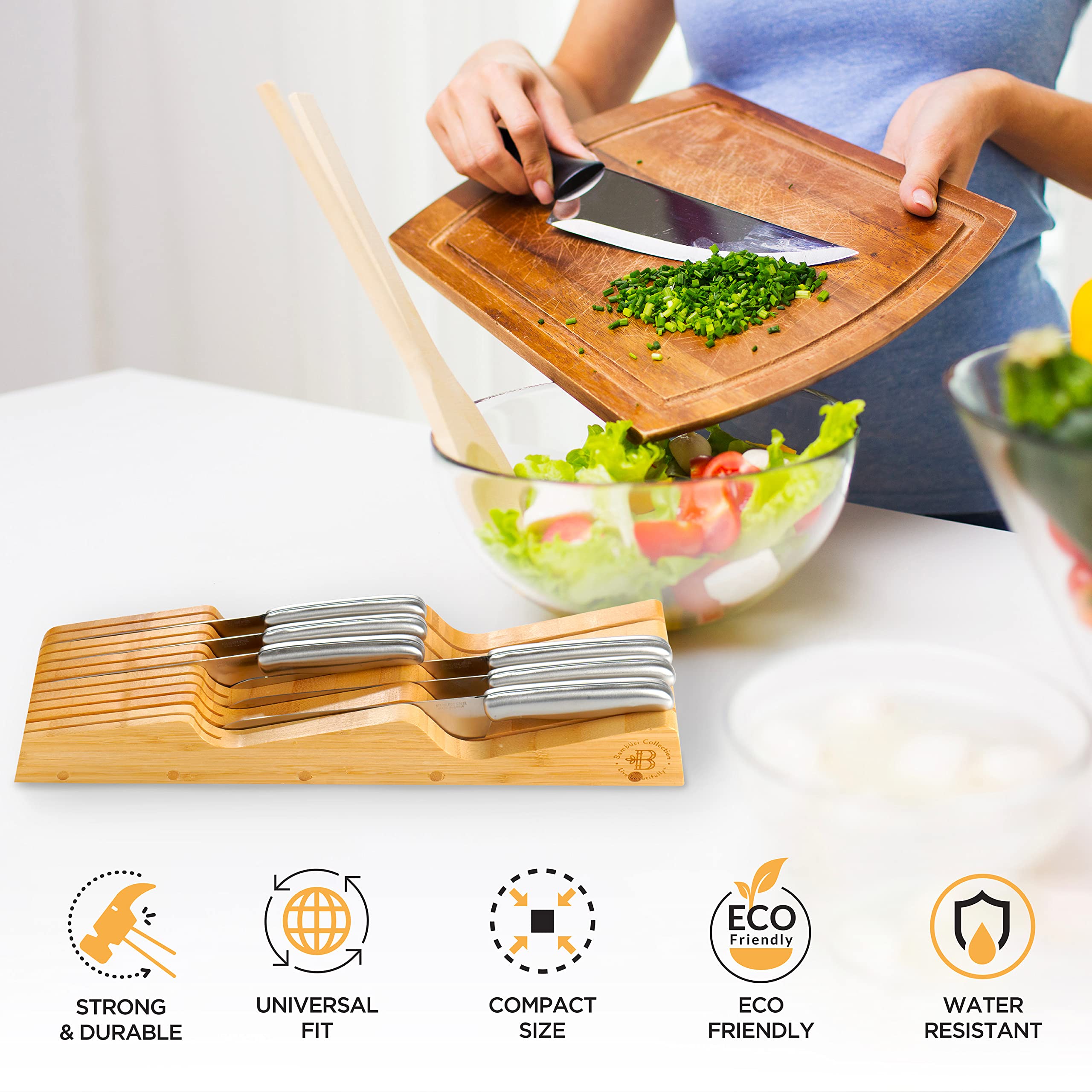Bambüsi In-Drawer Knife Organizer - Premium Bamboo Knife Block for Kitchen Drawers - Holds 5 Chef Knives & 6 Steak Knives - Safe Downward Blade Storage - Wooden Knife Holder (Knives Not Included) - Perfect for Home Chefs & Organized Kitchens