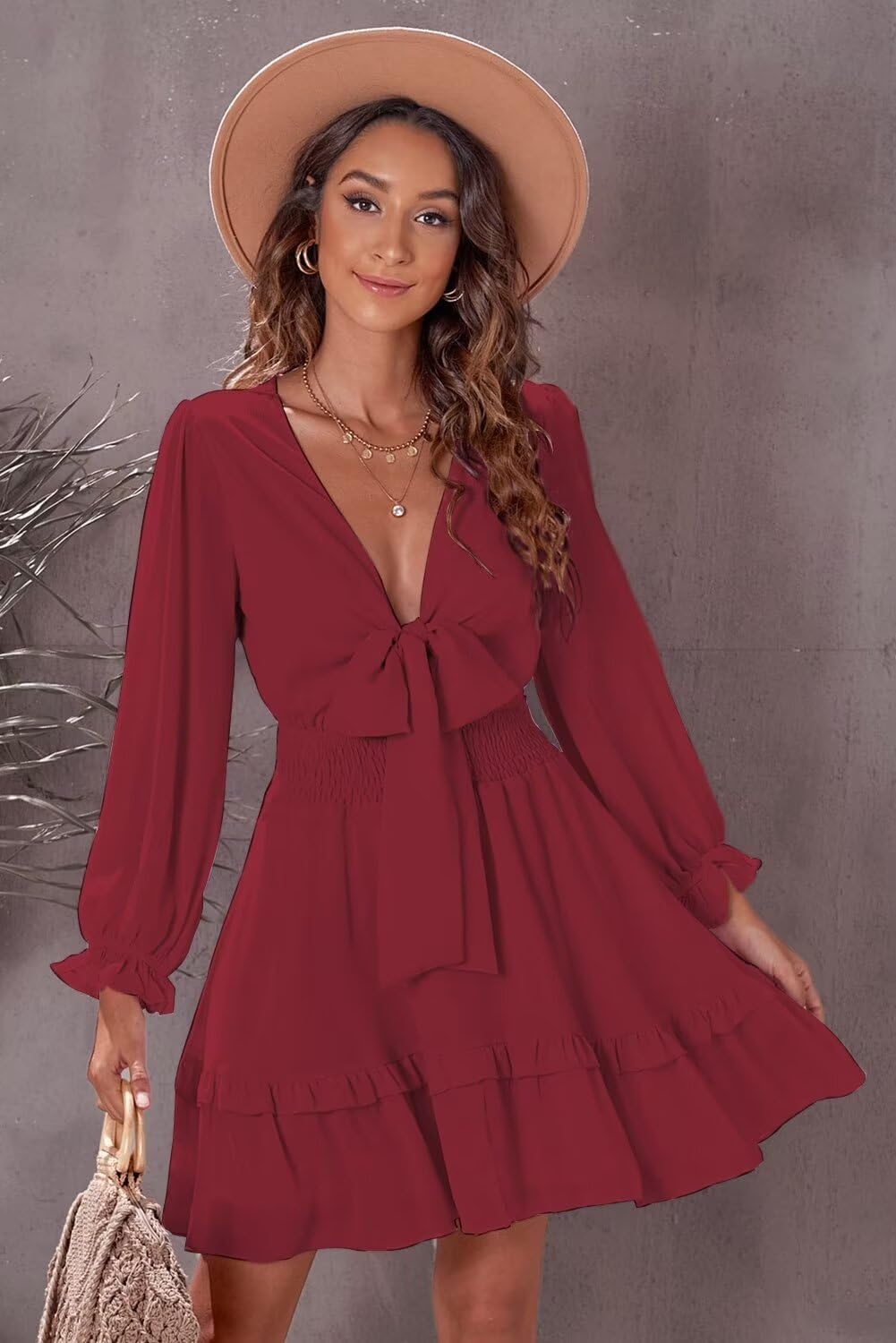 Dokotoo Women's Elegant Deep V Neck Knotted Tiered Chiffon Mini Dress - Summer Casual Swing Skater Dress for Party, Date Night & Vacation 2025