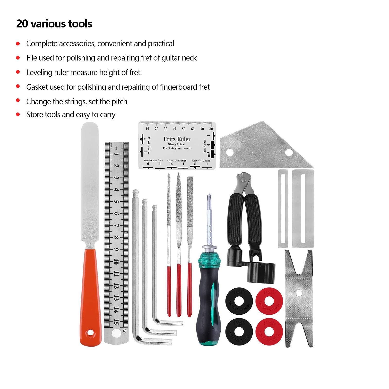 20Pcs Guitar Repair Kit with Measurement Tools, DIY File Ruler, Hex Wrench & String Organizer - Professional Maintenance Set for Guitar, Ukulele & String Instruments - Perfect for Home Repair, Music Studio & Travel Use