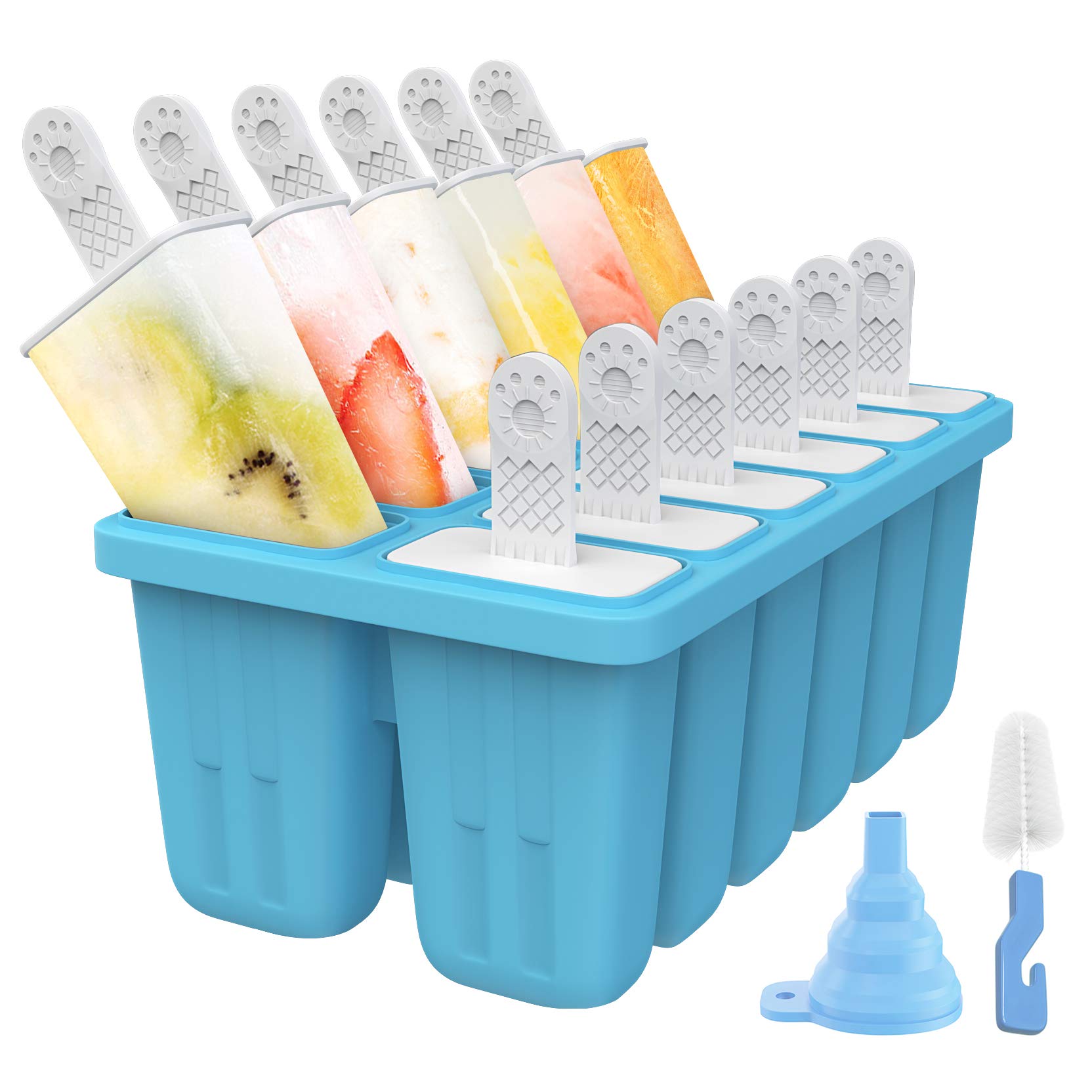 Ozera 12-Cavity Silicone Popsicle Molds Set - Reusable Ice Pop Maker with Easy Release, Includes Cleaning Brush & Funnel - Perfect for Homemade Frozen Treats, Summer Snacks, and Kids' Party Desserts