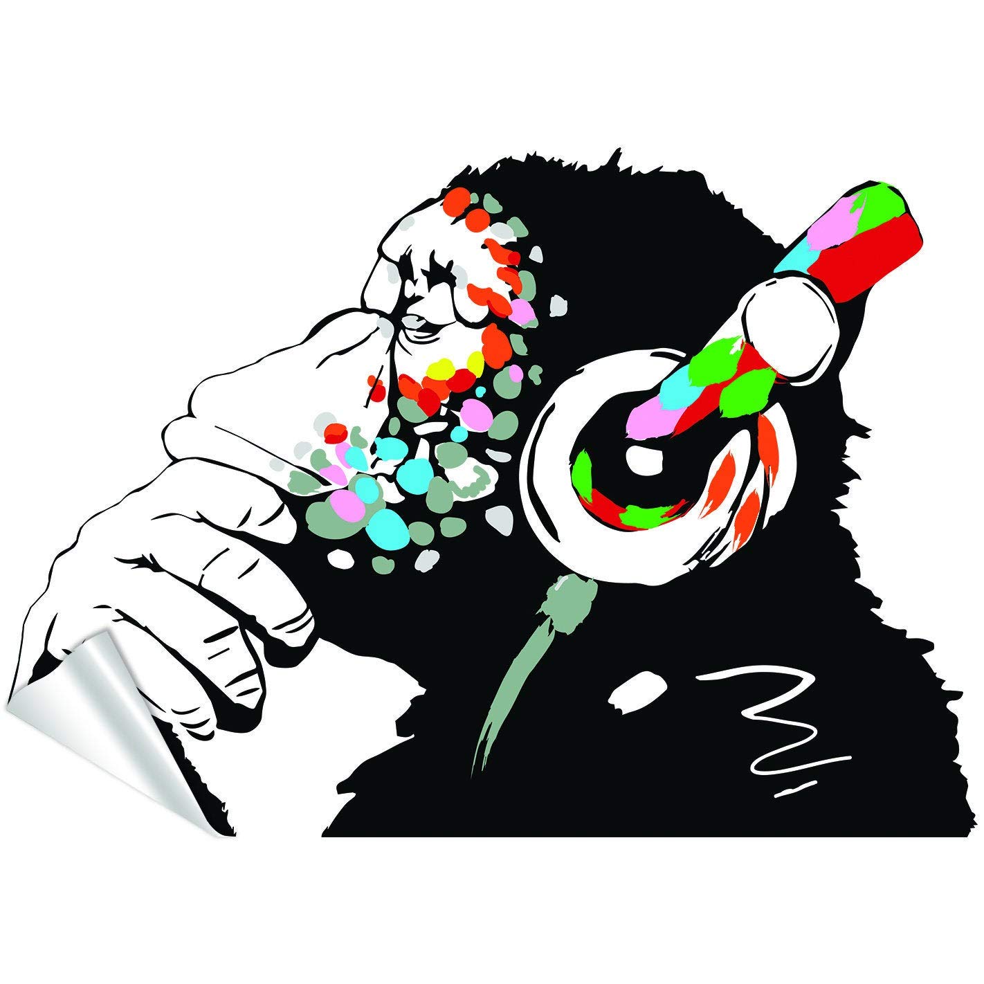 Banksy Thinking Monkey Sticker - Art Vinyl Street Decal with Headphones for Music Lovers - Graffiti Wall Art for Bedroom, Office & Studio Decor - Unique Gift for Artists & Urban Style Fans