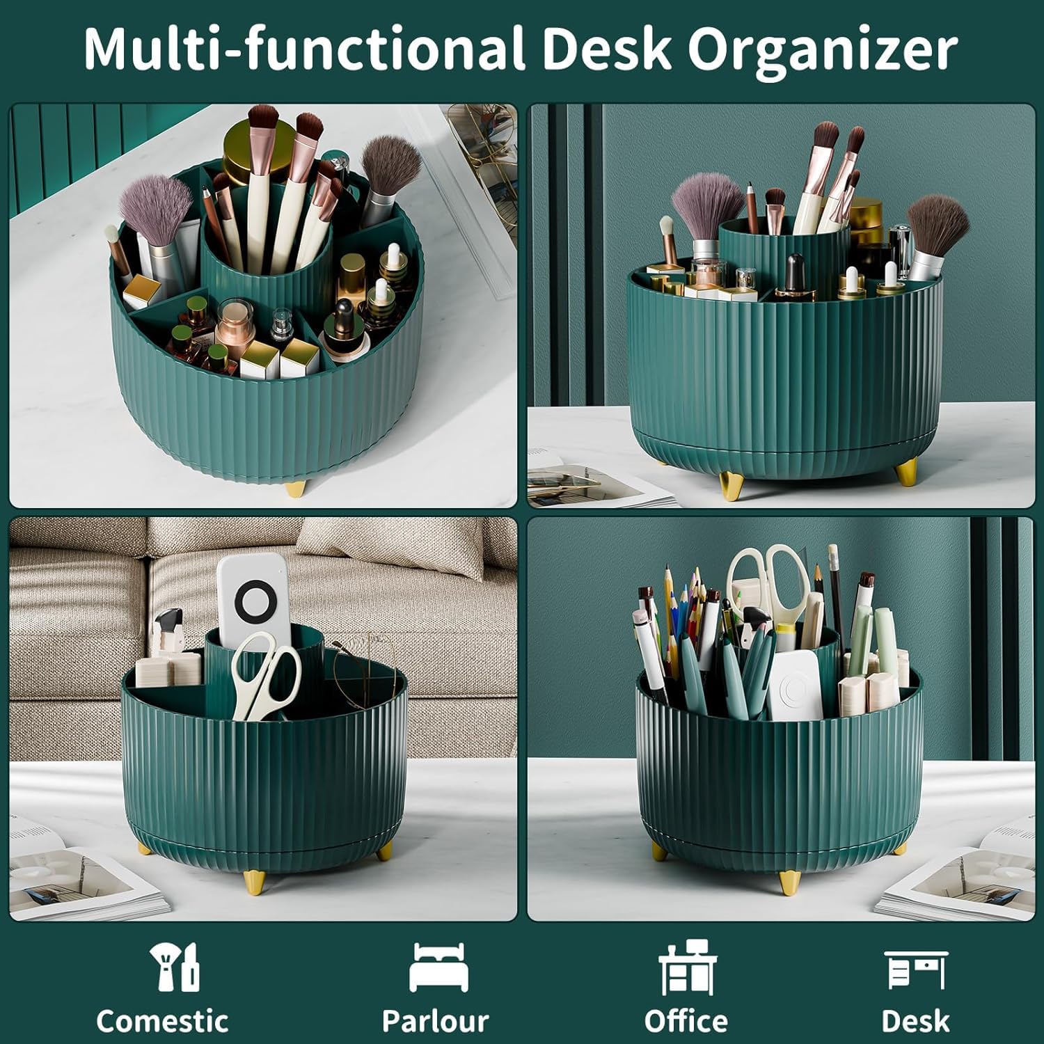 INKULTURE 360° Rotating Makeup Brush Holder Organizer - Countertop Vanity Storage for Cosmetics, Skincare & Beauty Tools | Green Cosmetic Brush Stand for Bathroom, Dressing Table & Desktop | Perfect for Makeup Artists & Beauty Enthusiasts