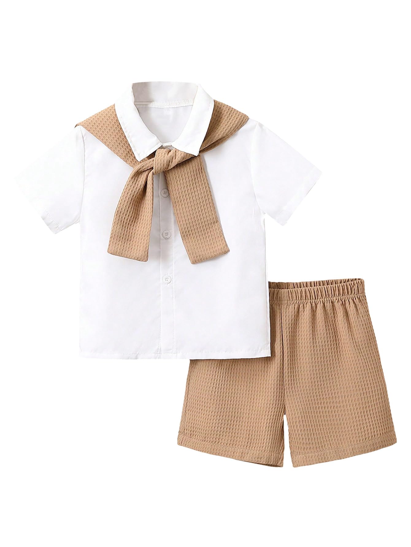 SweatyRocks Boys 2-Piece Outfit - Short Sleeve Button Down Shirt & Waffle Knit Shorts Set with Shawl | Casual Summer Outfit for Boys, Beach Vacation & Family Photos