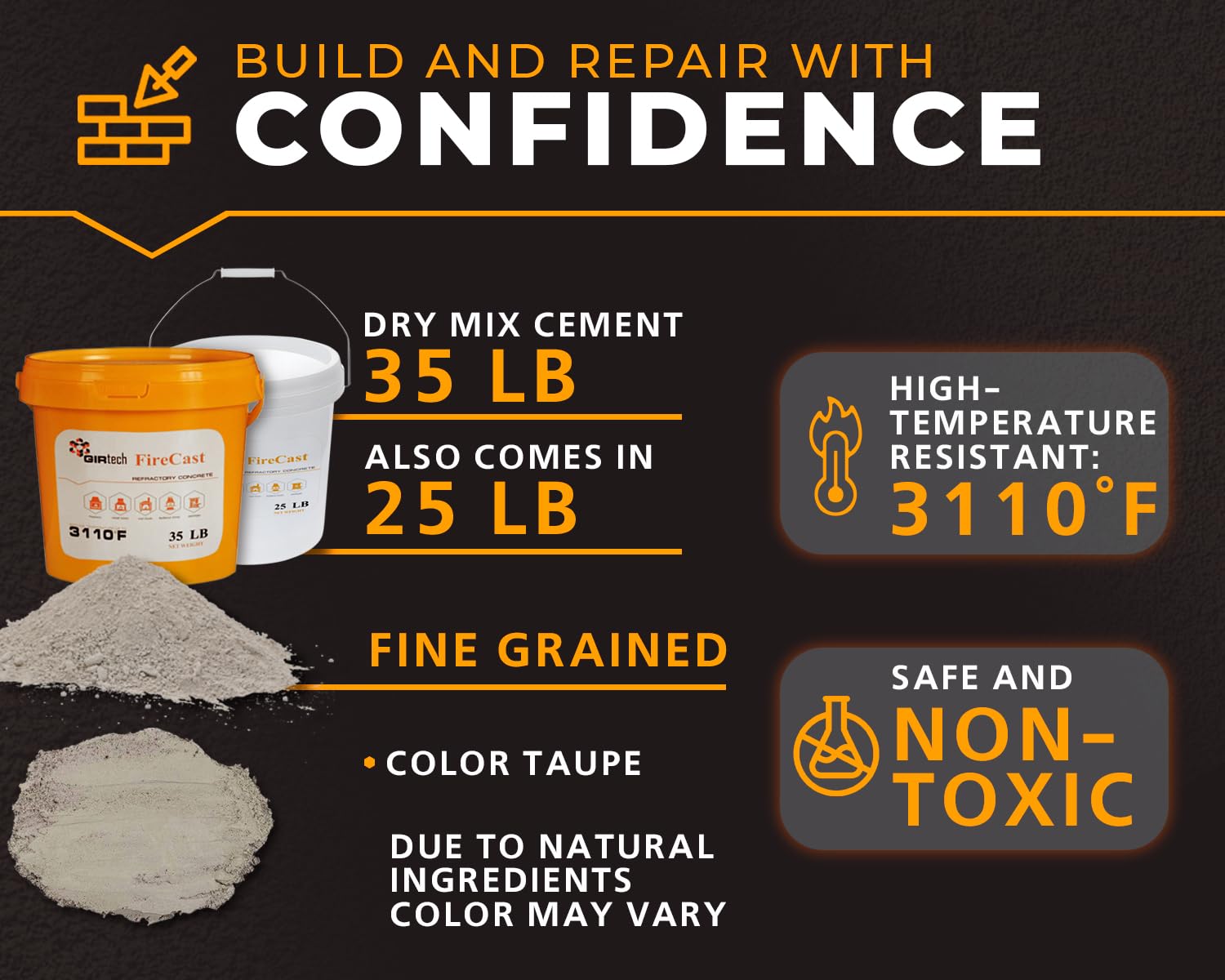 FireCast 3110°F High-Temperature Refractory Cement - 35 Lbs Heat-Resistant Fireproof Mortar for Pizza Ovens, Fireplaces, Forges, Kilns & Stoves | Perfect for DIY Repairs & High-Heat Construction Projects
