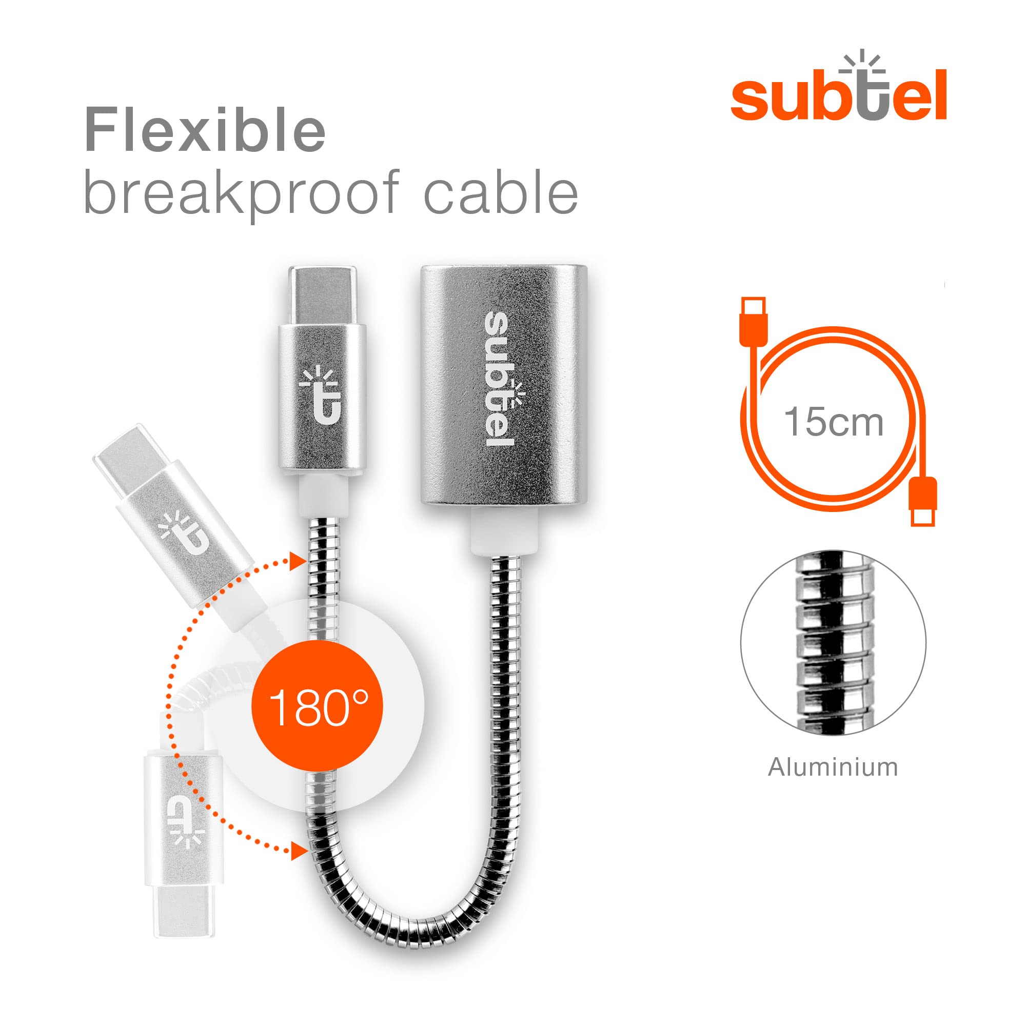 Subtle USB C to USB A OTG Cable - 15cm Silver for Smartphones & Tablets