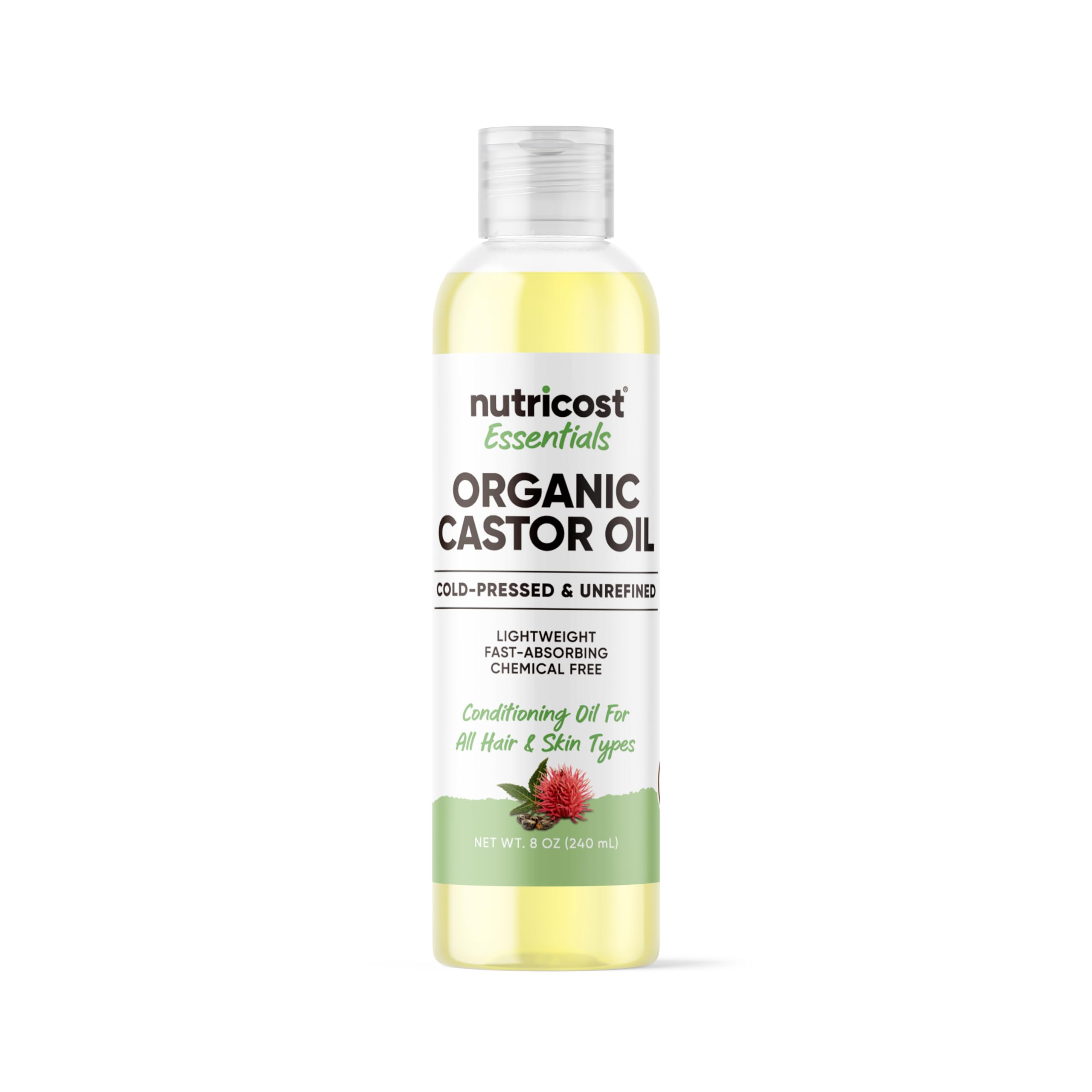 Nutricost Organic Cold Pressed Castor Oil 8 oz - 100% Pure Unrefined Castor Oil for Hair Growth, Skin Moisturizer & Face Care | Natural Eyelash & Eyebrow Treatment | DIY Beauty & Massage Oil