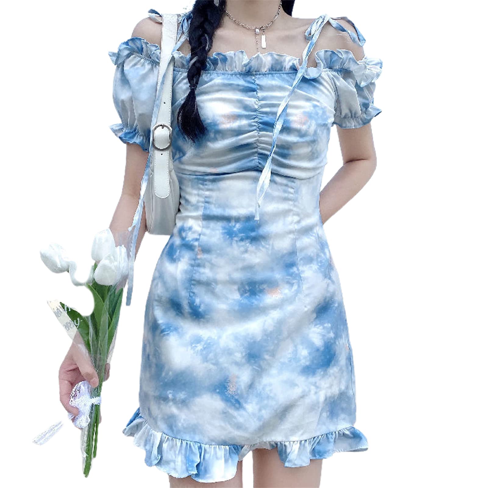 JENPECH Women's Floral Slim Summer Dress - Blue Ruffle Hem Pleated Bust Sexy Dress for Women | Perfect for Beach Vacations, Date Nights & Summer Parties