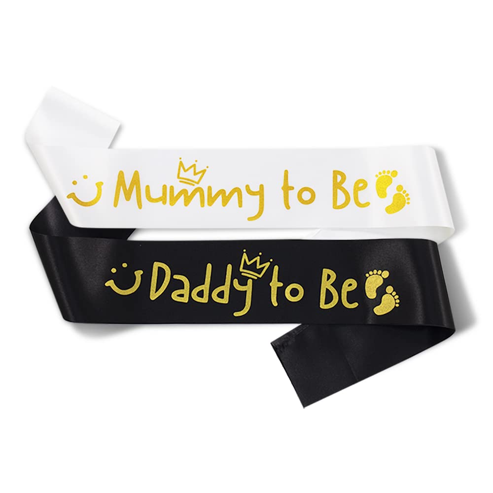 Baby Shower Sash Set for Mummy to Be & Daddy to Be - Gender Reveal Party Decorations & Favors (White Mummy + Black Daddy) - Perfect for Baby Shower Celebrations, Gender Reveal Parties & Maternity Photos