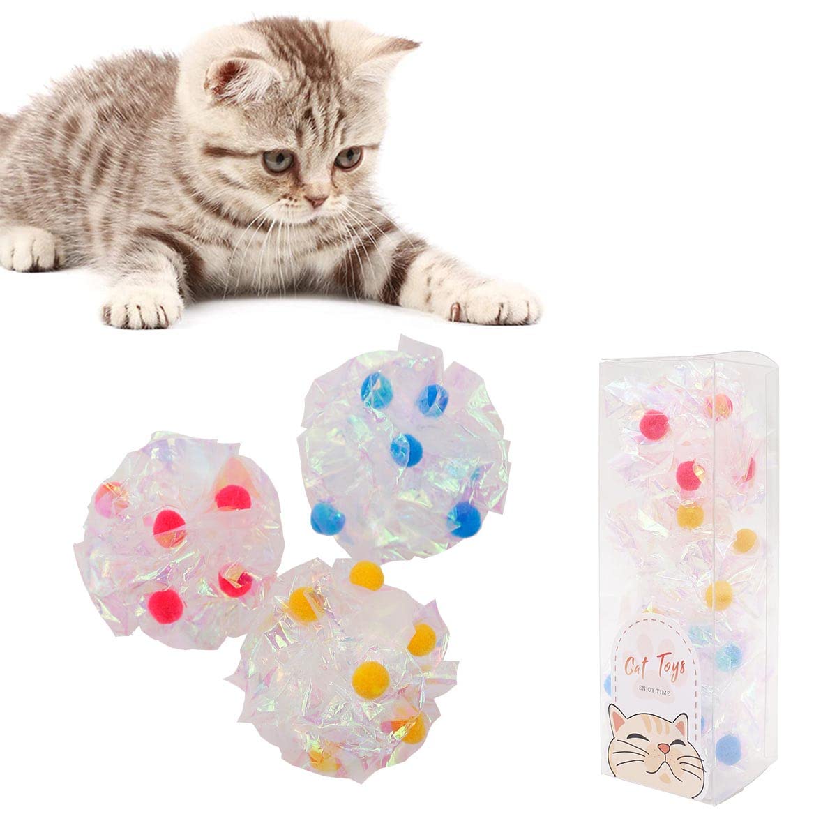 3PCS Cat Crinkle Balls with Pom Pom Balls - Interactive Mylar Cat Toys for Indoor Cats - Fun Crinkle Paper & Pompom Ball Set for Playtime & Exercise