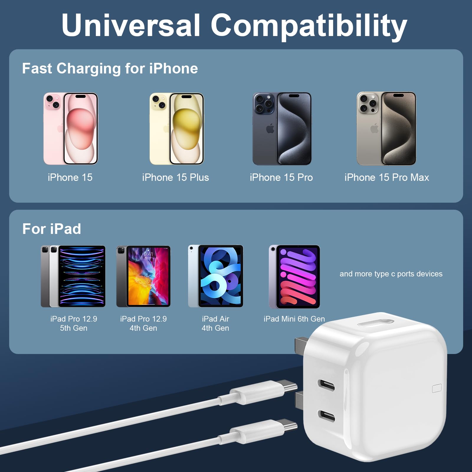 20W USB C Fast Charger for iPhone 15 Pro Max - PD Quick Charge Power Adapter with 3M Cable Compatible with iPhone 15/15 Pro/15 Pro Max, iPad Pro/Air/Mini - Perfect for Home, Office & Travel Charging