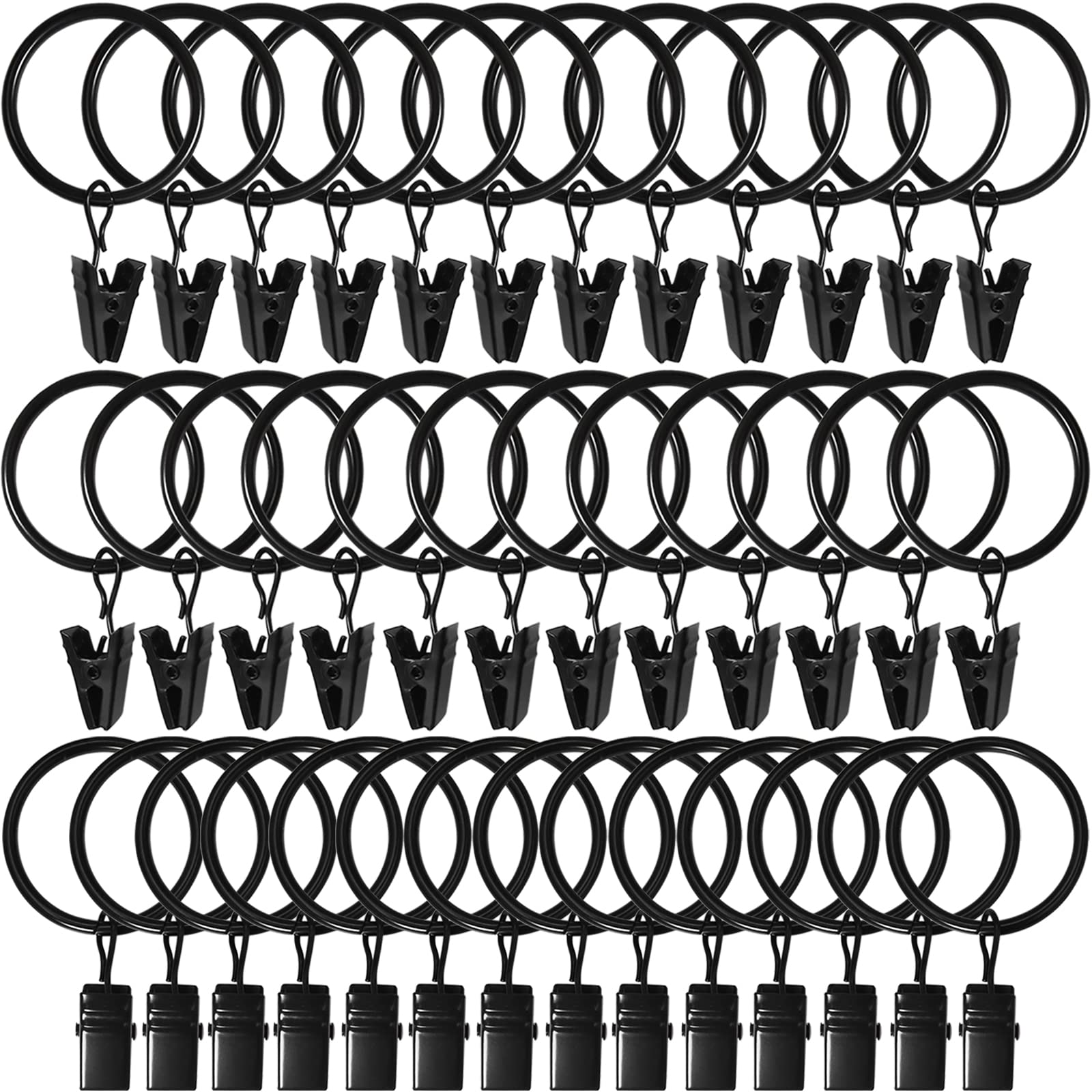 40 Pack Black Curtain Rings with Clips - 1.26 Inch Inner Diameter Drapery Hooks for Hanging Drapes, Bows & Hats - Fits 1 Inch Curtain Rods - Perfect for Living Room, Bedroom & Window Decor