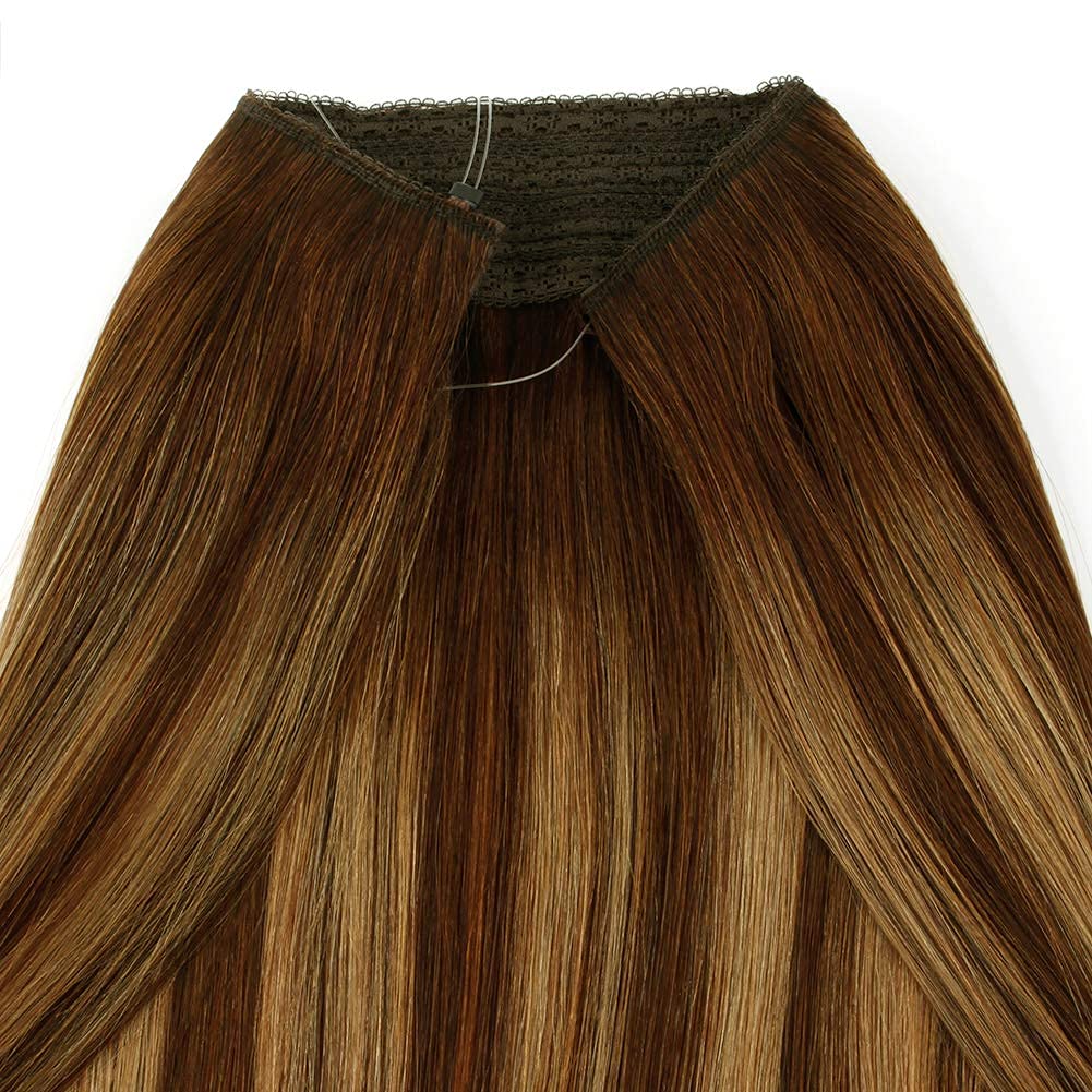 Sassina Invisible Wire Hair Extensions - 100% Real Human Hair with Transparent Wire, Adjustable Size & Secure Clips, Natural Straight Secret Miracle Hairpiece (14 Inch, 90g, Color #B4-27) - Perfect for Daily Wear, Parties & Special Occasions