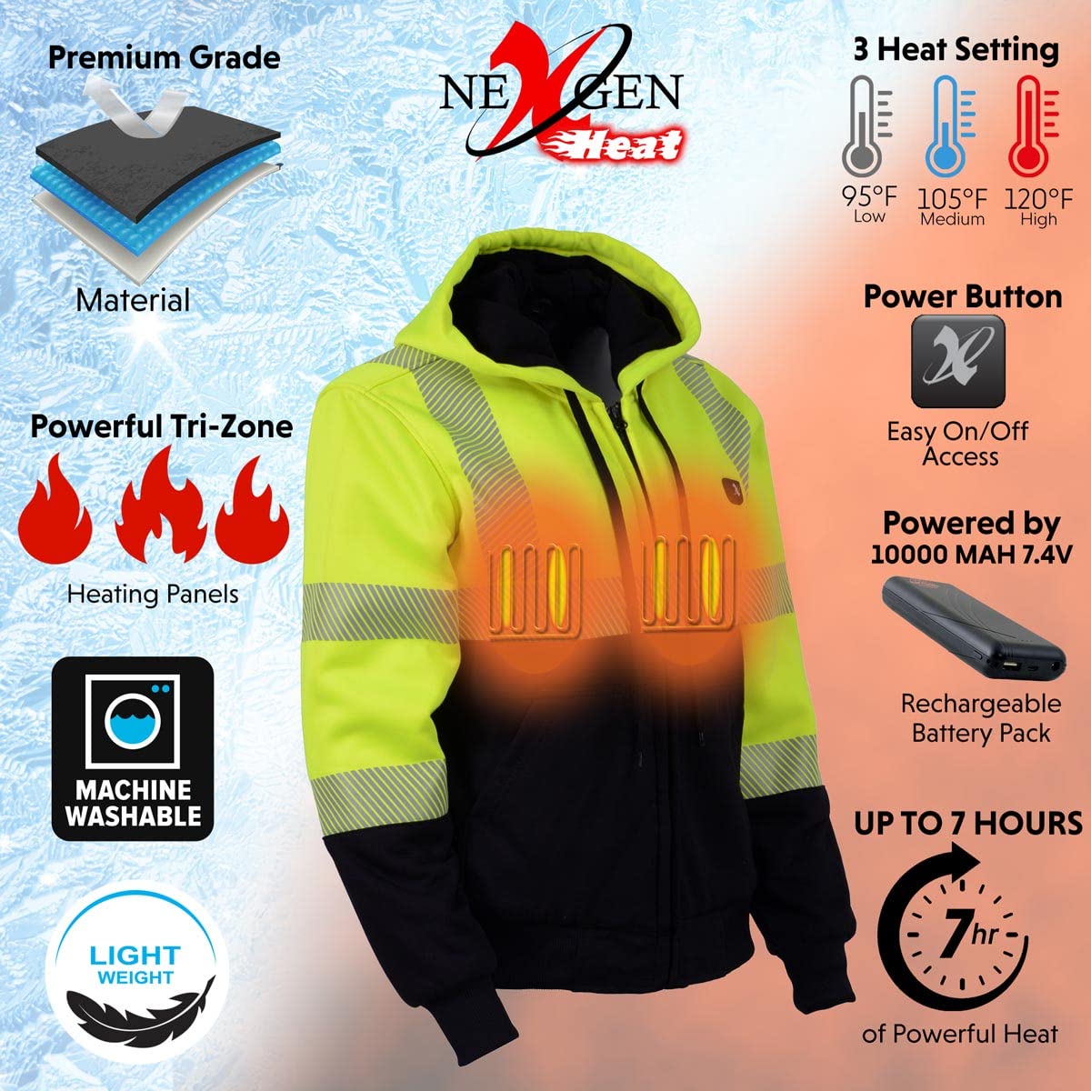 Nexgen Heat MPL2773SET Women's Heated Hoodie Jacket - High Visibility Reflective Zipper Front Sweatshirt with Rechargeable Battery Pack - Perfect for Outdoor Work, Winter Sports & Cold Weather Activities