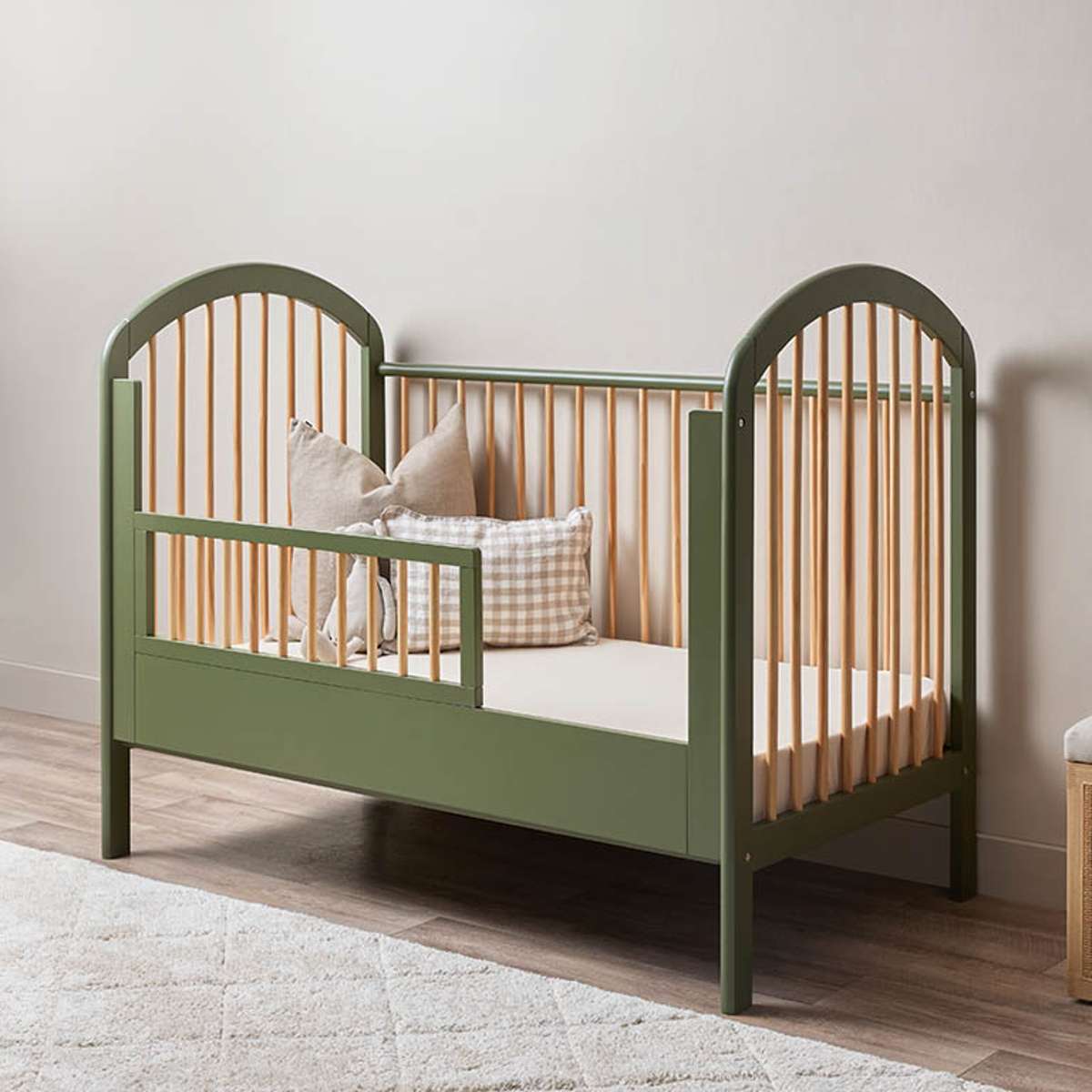 Archie Cot Toddler Bed Half Frame - Moss/Natural Wooden Crib for Kids | Safe & Sturdy Nursery Furniture for Toddlers | Perfect for Daycare, Bedroom, and Travel Use