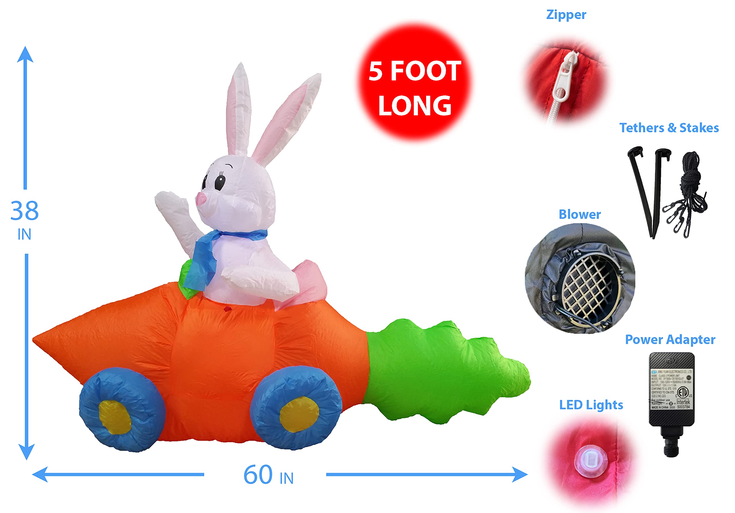 5ft LED Lighted Easter Inflatable Bunny in Carrot - Outdoor Indoor Holiday Decor for Yard, Lawn, Party, Home - Perfect for Easter Celebrations, Spring Decorations & Family Gatherings