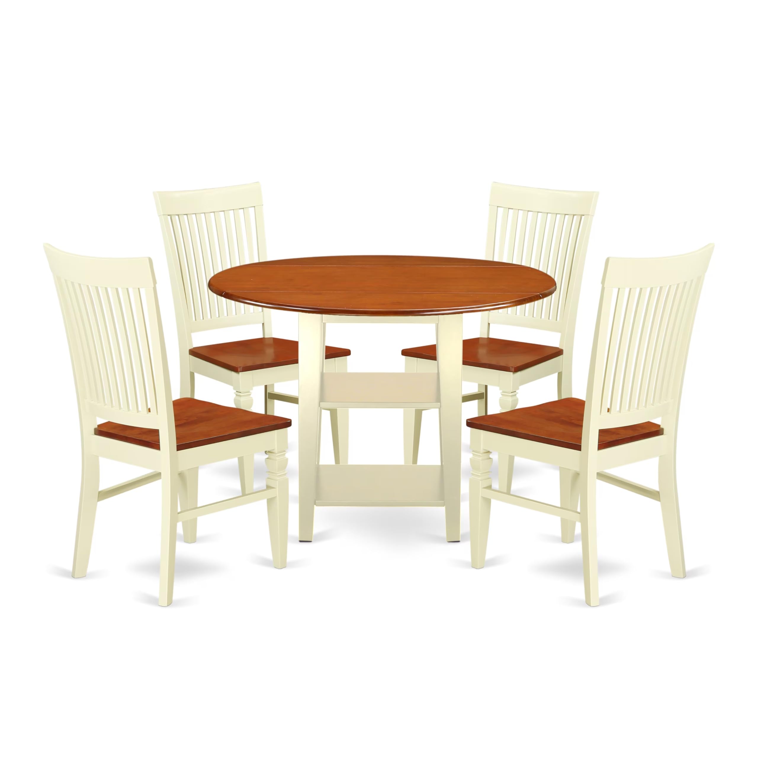 East West Furniture SUWE5-BMK-W 5-Piece Round Dining Table Set for 4 with Dropleaf & Storage Shelves - 42x42 Inch Buttermilk & Cherry Finish - Perfect for Small Kitchens, Breakfast Nooks & Cozy Dining Spaces