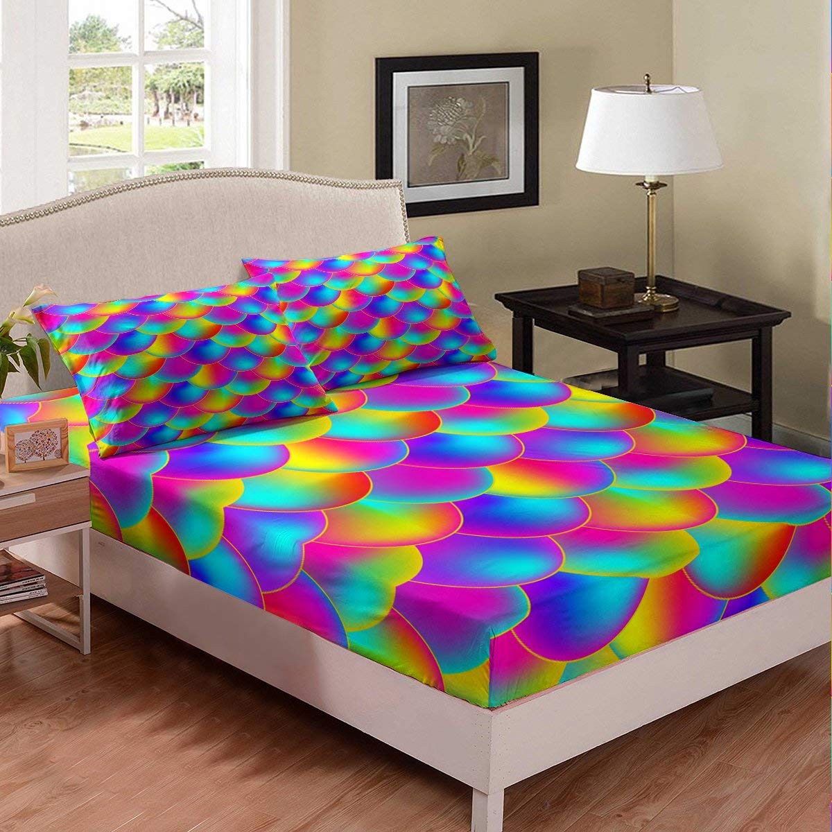 Erosebridal Mermaid Scale Fitted Sheet Set - Twin XL Size Rainbow Seigaiha Pattern Ocean Themed Bedding | Gypsy Style Fish Scale Design for Kids & Girls | Perfect for Bedroom, Dorm Room & Living Room Decor