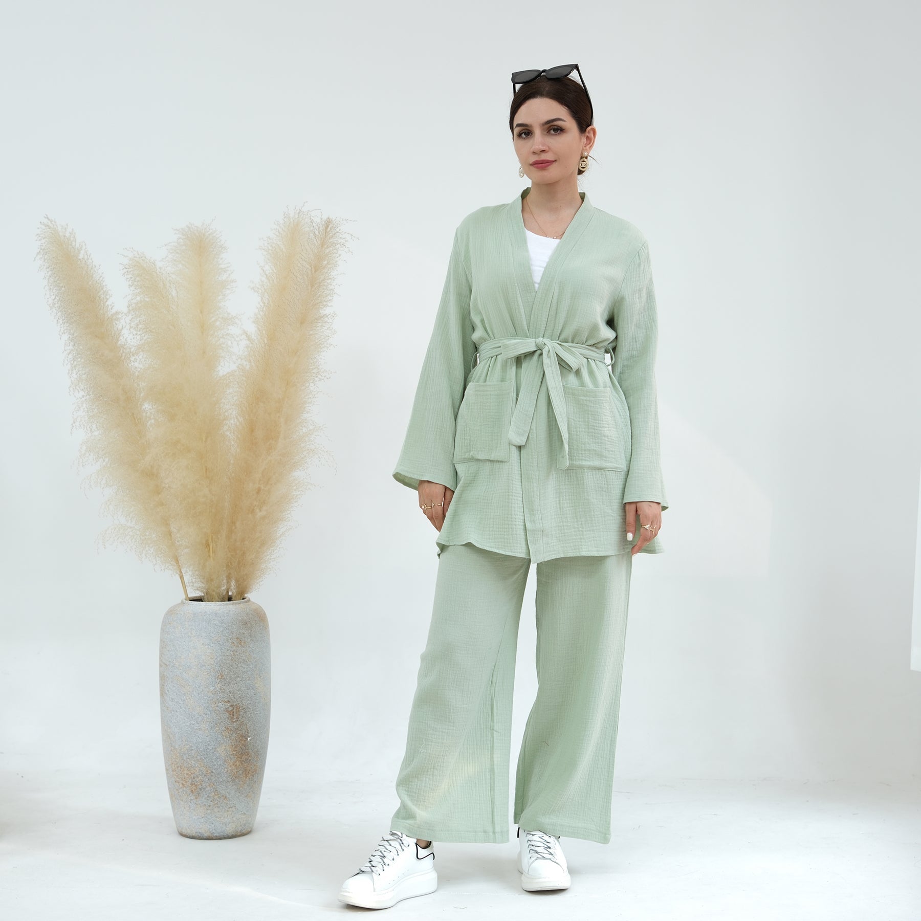 Soft Cotton Waffle 4-Piece Lounge Set for Women - Mint Green Cozy Outfit | Perfect for Home Relaxation, Yoga & Casual Wear
