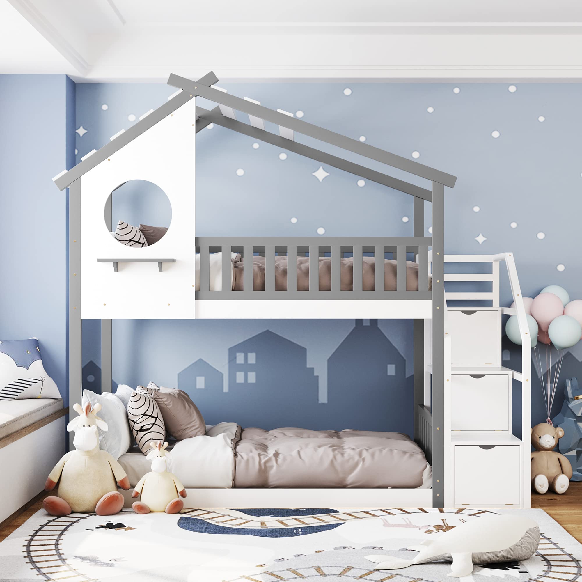 **MERITLINE Twin Over Twin Bunk Bed with Stairs & Roof - Low Profile Floor Bunk Bed for Kids, Boys & Girls - Grey & White - Perfect for Small Bedrooms, Shared Kids' Rooms & Sleepovers**